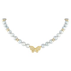 18K Yellow Gold 1.47ct Diamond and Pearl Butterfly Brooch Necklace