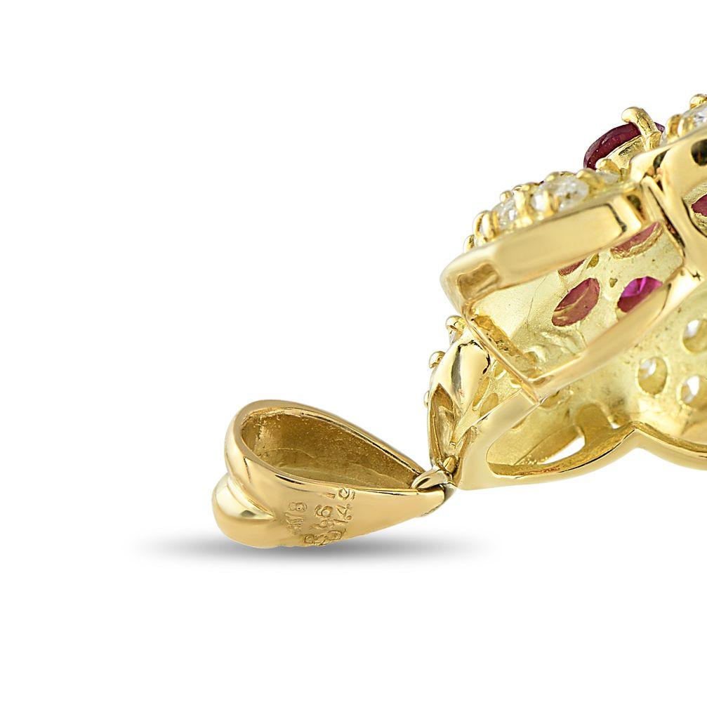 Taille ronde Pendentif fleur en or jaune 18K 1,49ct diamant et rubis en vente