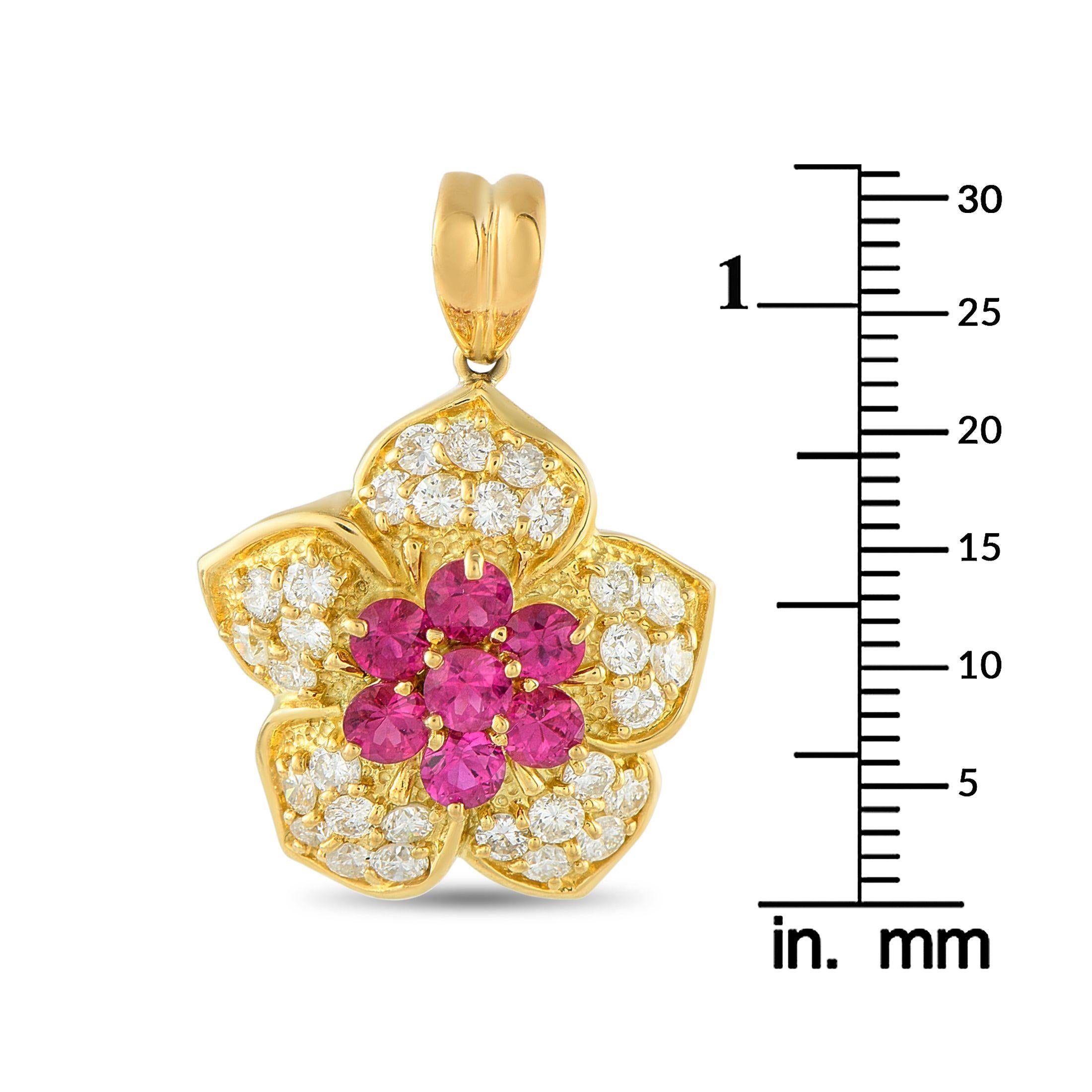 Pendentif fleur en or jaune 18K 1,49ct diamant et rubis Excellent état - En vente à Southampton, PA