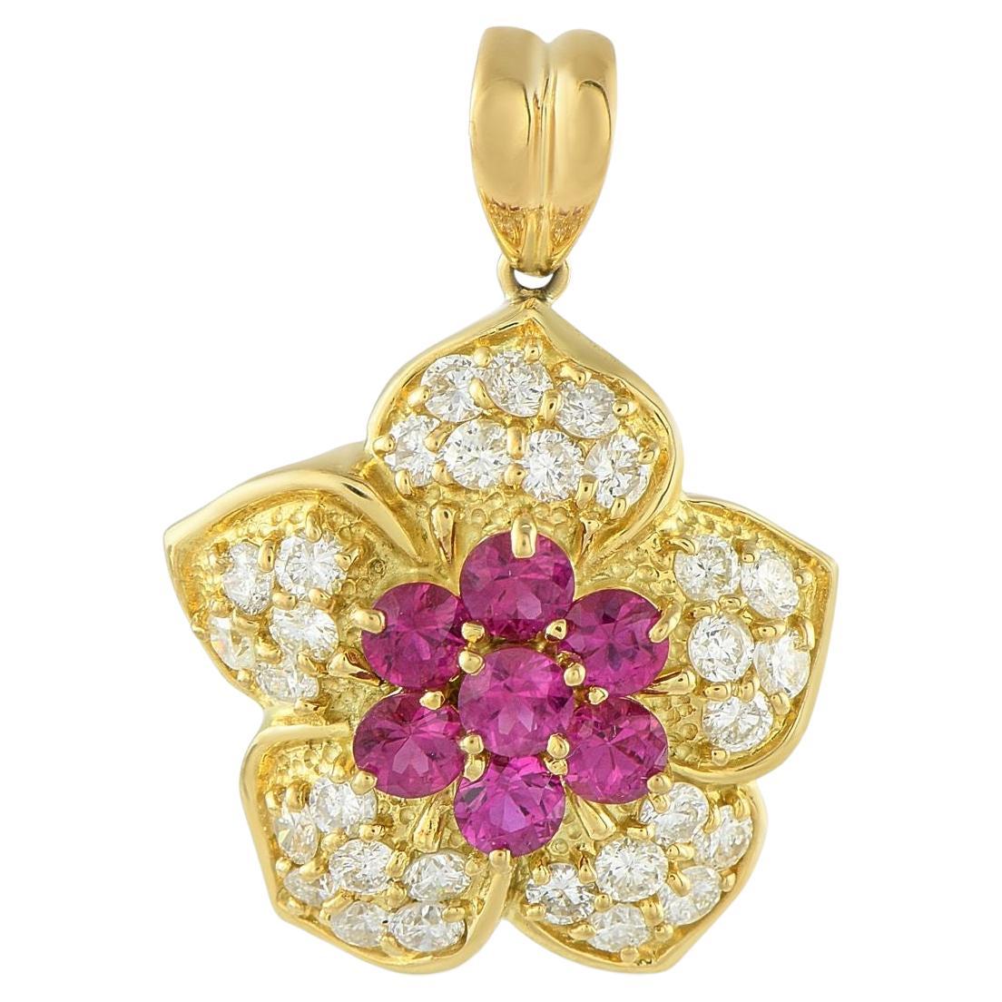 Ciondolo a forma di fiore in oro giallo 18K con diamante e rubino da 1,49 carati