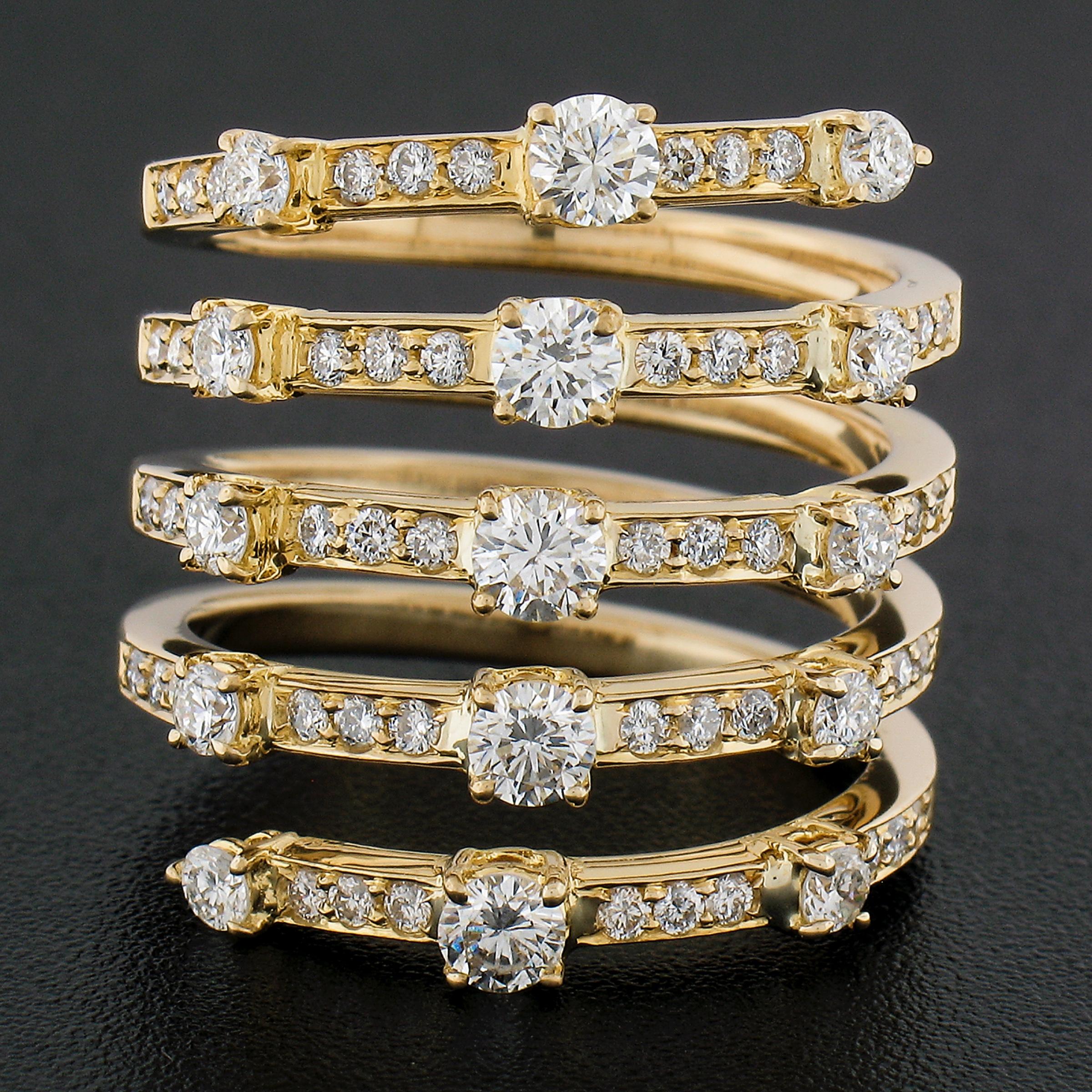 Round Cut 18k Yellow Gold 1.49cwt Round Diamond Wrap Wide 5 Row Statement Band Ring Sz 5 For Sale