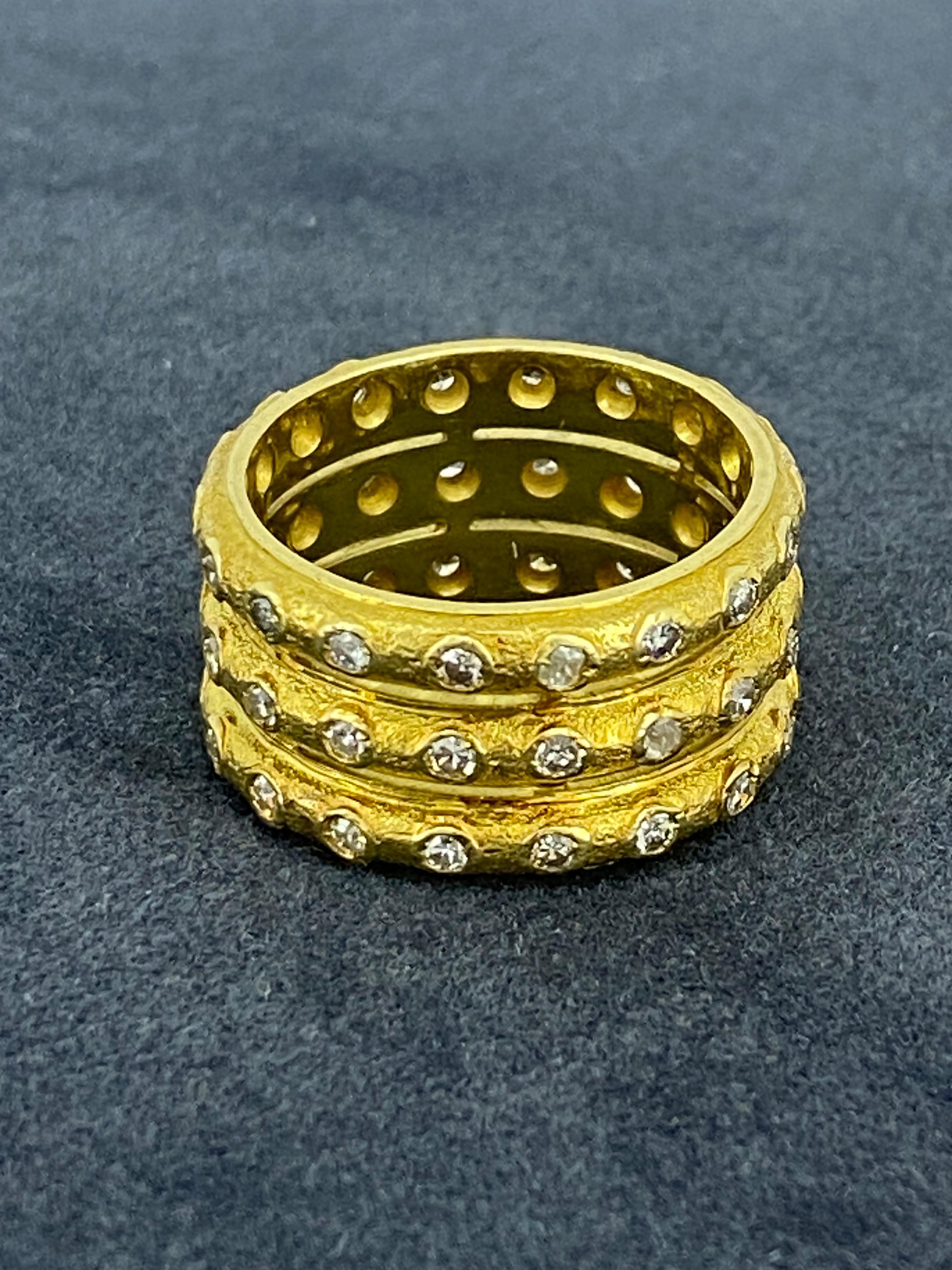 Women's or Men's 18K Yellow Gold & 1.50ct Diamond 3-Band French Handmade Ring. Valued at $10950 For Sale