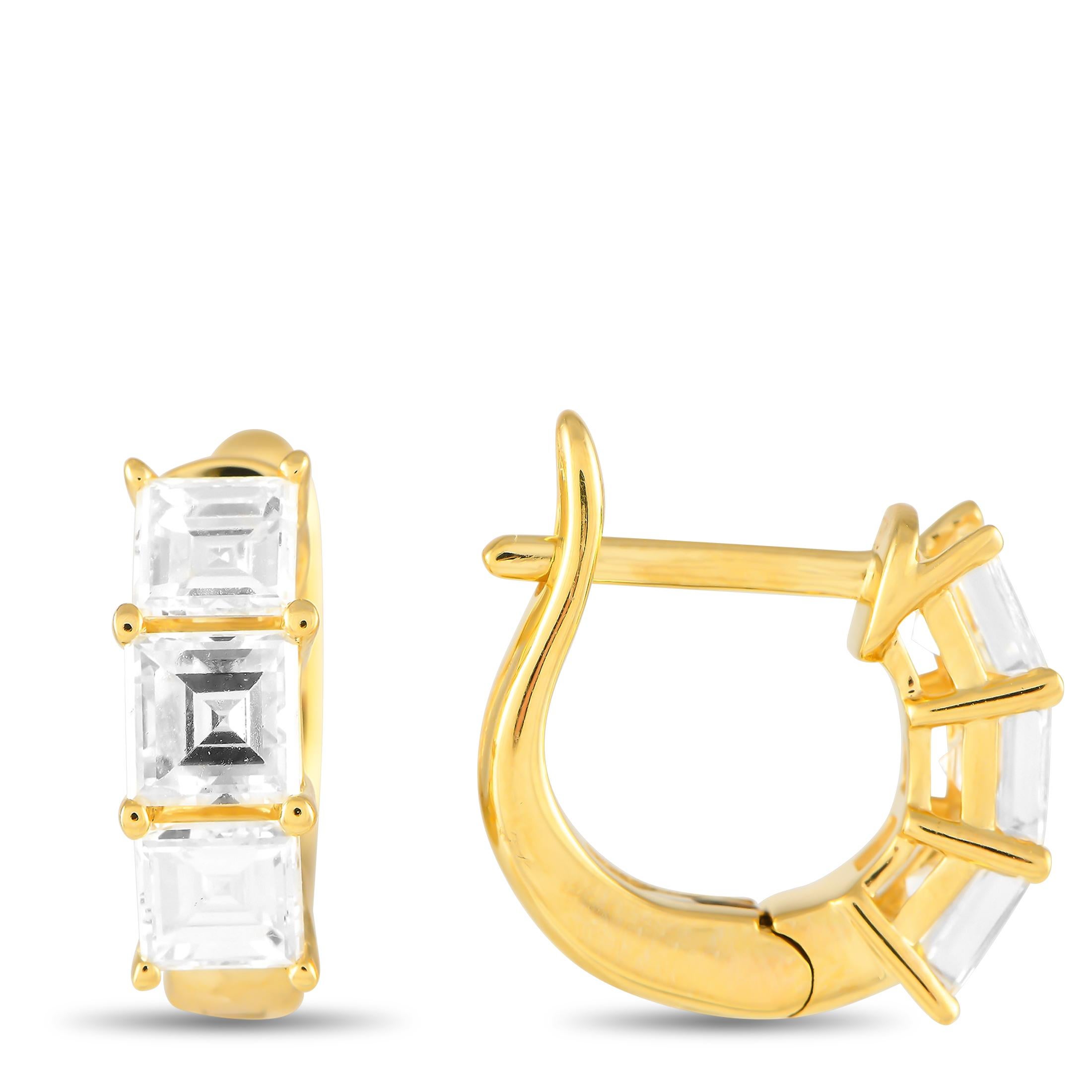 Step cut Diamonds with a total weight of 1.50 carats ensure that these earrings are simply unforgettable. A curved 18K Yellow Gold setting makes them ideal for anyone with a classic, minimalist aesthetic. Each earring measures 0.50 round.This