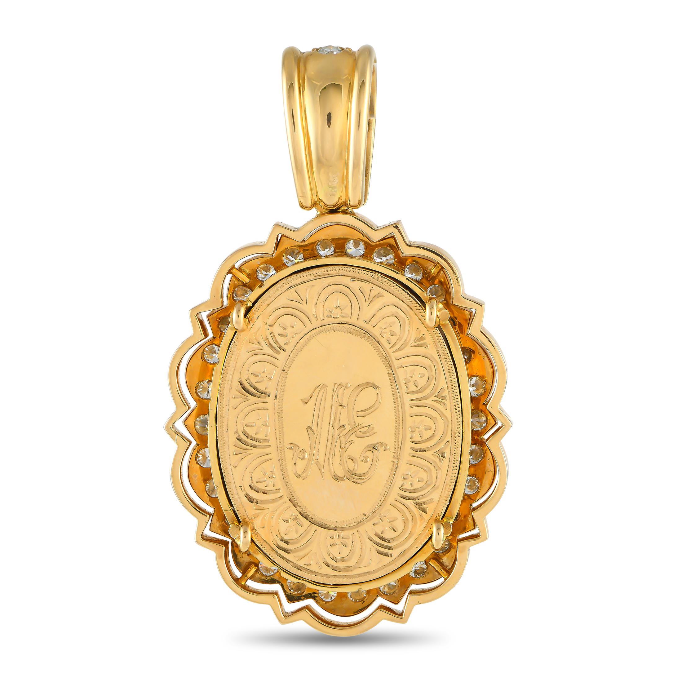 Religious imagery serves as a striking focal point at the center of this opulent 18K Yellow Gold pendant. Adorned with sparkling Diamonds totaling 1.50 carats, this piece exudes Baroque elegance. It measures 2.0 long by 1.25 wide.This jewelry piece