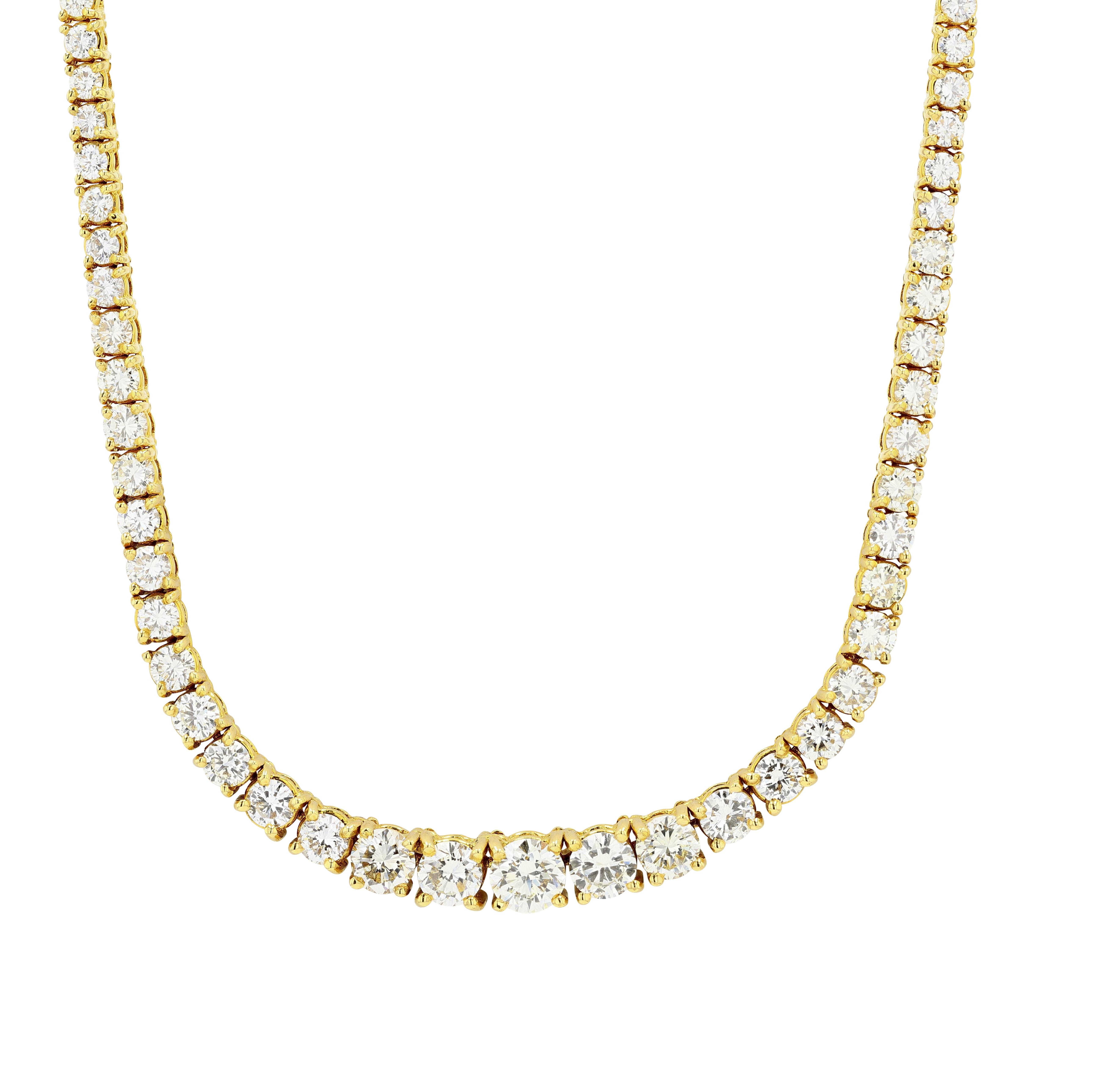 Brilliant Cut 18k Yellow Gold 15.17 Carat Graduated Riviera Diamond Necklace For Sale
