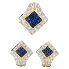 18K Gelbgold 1,51ct Diamant und Saphir Ohrring und Anhänger Set MF06-031126