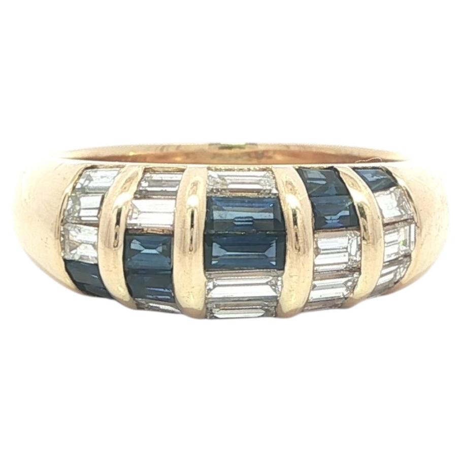 18k Yellow Gold 1.54ctw Baguette Channel Set Diamond & Sapphire Domed Band Ring