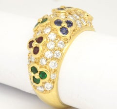 18 Karat Yellow Gold 1.56 Carat Sapphire, Ruby, Emerald and Diamonds Dome Ring