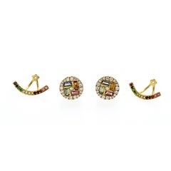 18K Yellow Gold 1.57 CT Multicolor Sapphire and 0.53 CT Diamonds Stud Earrings