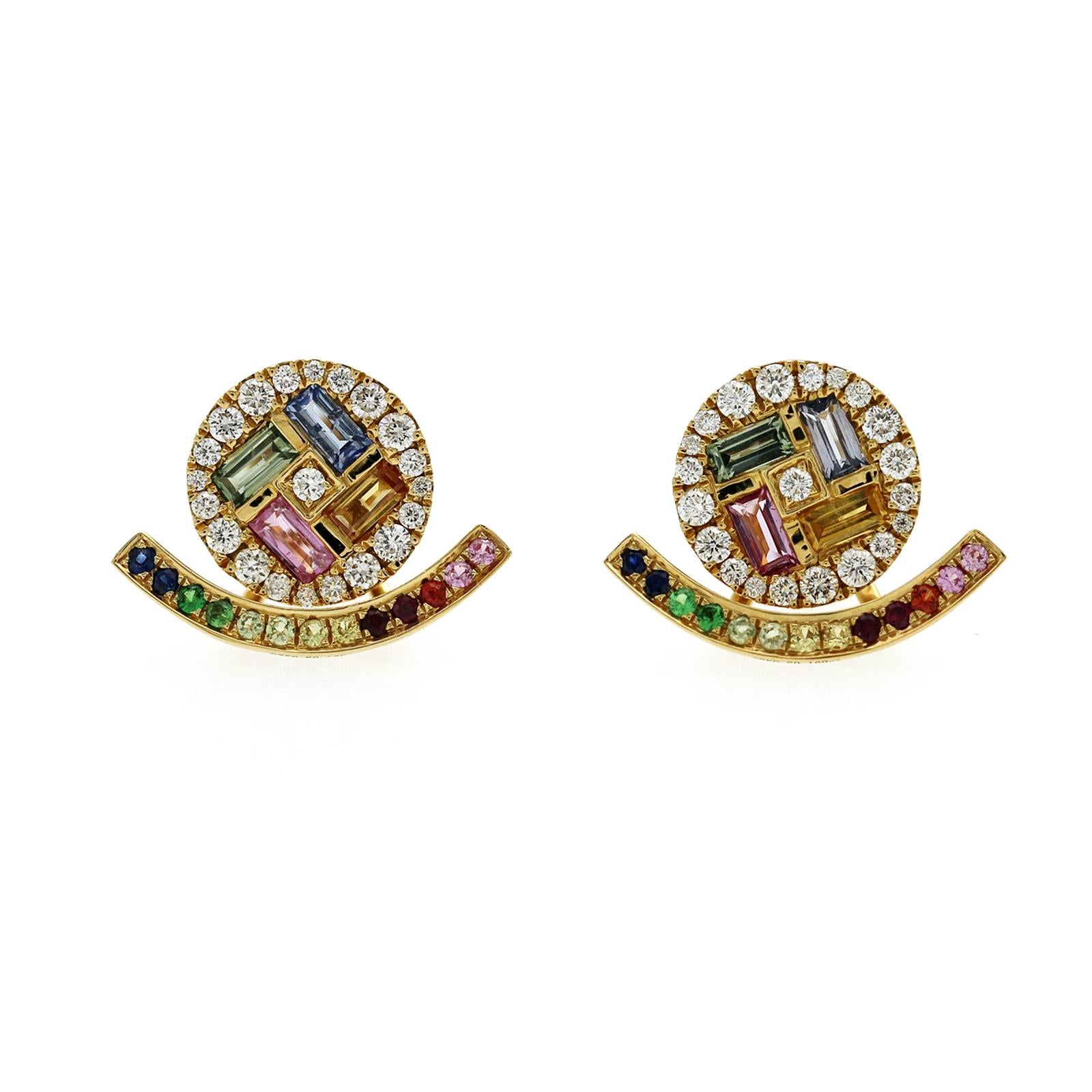 18K Yellow Gold 1.57 CT Multicolor Sapphire and 0.53 CT Diamonds Stud Earrings In Excellent Condition For Sale In Los Angeles, CA