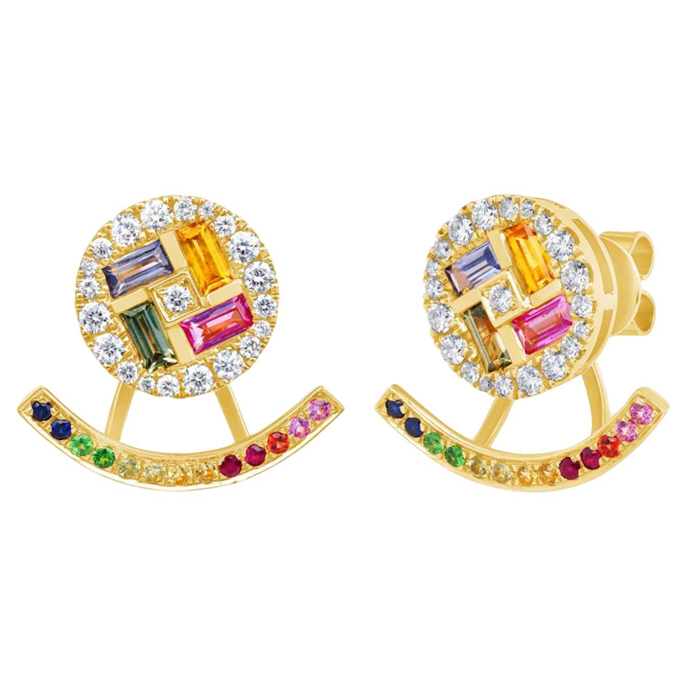 18K Yellow Gold 1.57 CT Multicolor Sapphire and 0.53 CT Diamonds Stud Earrings