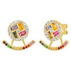 18K Yellow Gold 1.57 CT Multicolor Sapphire and 0.53 CT Diamonds Stud Earrings