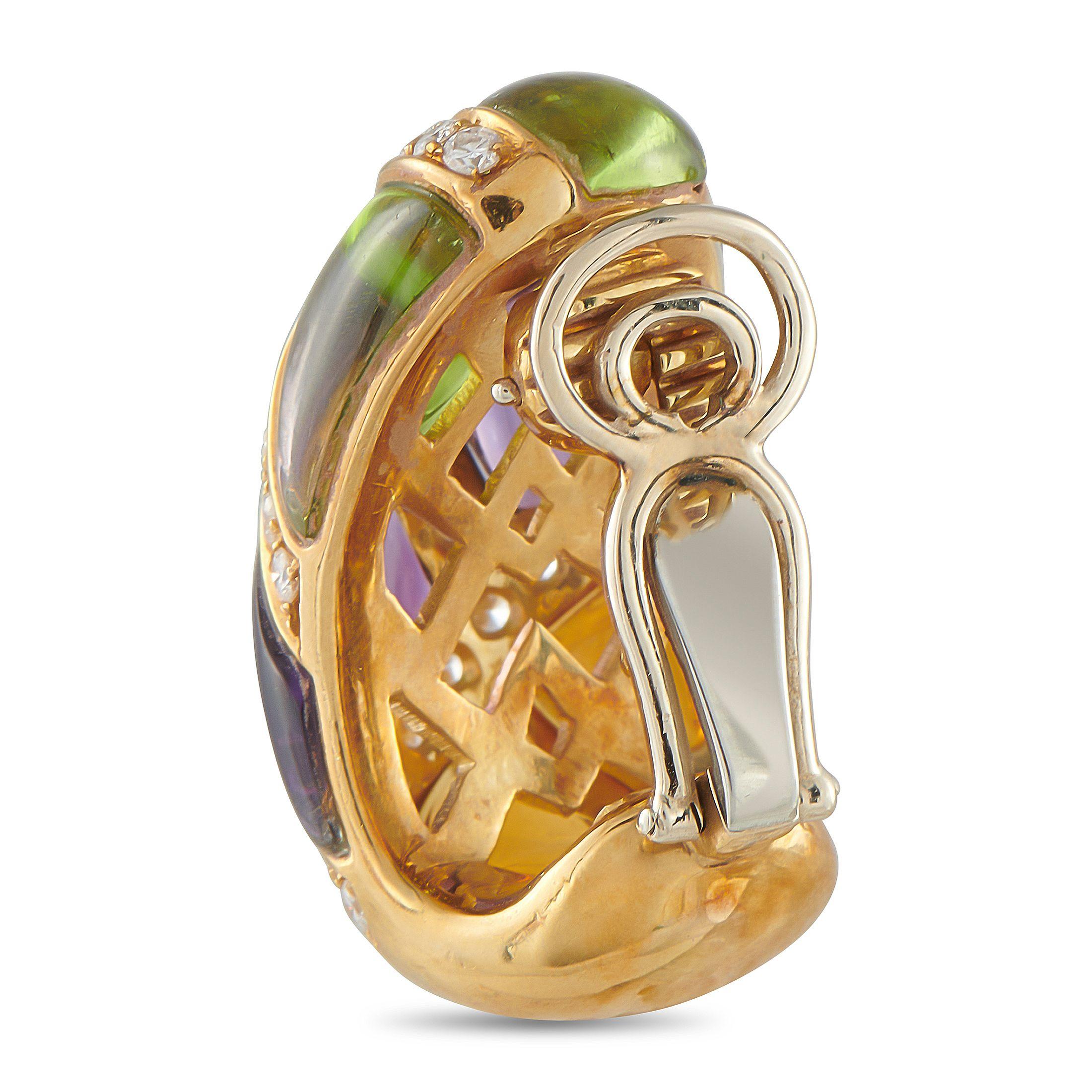 Ces boucles d'oreilles de luxe sont tout simplement inoubliables. Les pierres d'améthyste, de citrine et de péridot ajoutent des touches de couleur vibrantes à la monture sophistiquée en or jaune 18 carats. Des diamants insérés d'un poids total de