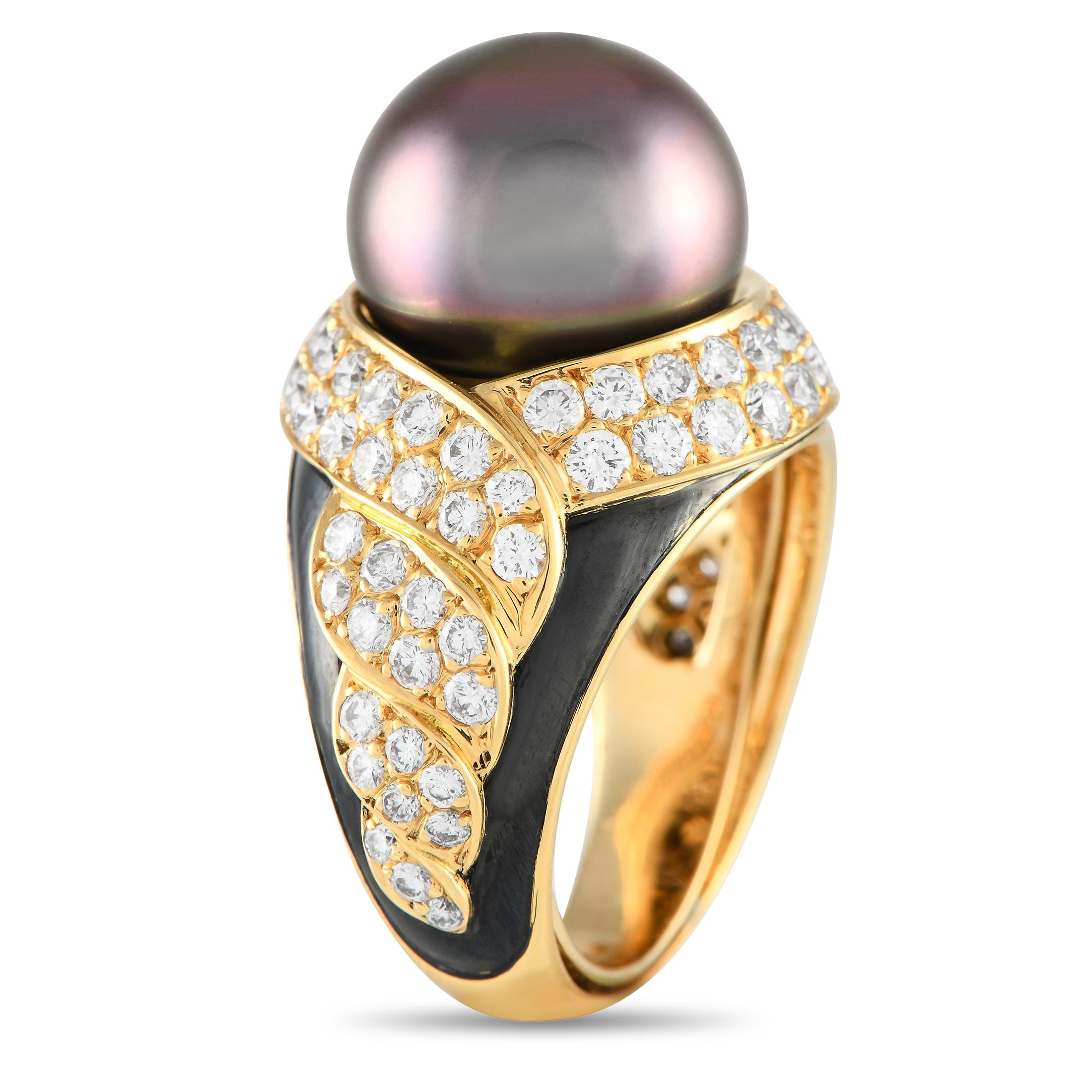Bring life to a monochromatic outfit with this ultra-gorgeous statement ring. This piece features an eye-catching 12.6mm Tahitian Pearl sitting prominently on a wide band. The 18K yellow gold shank has a black inlay on its tapering shoulders. A