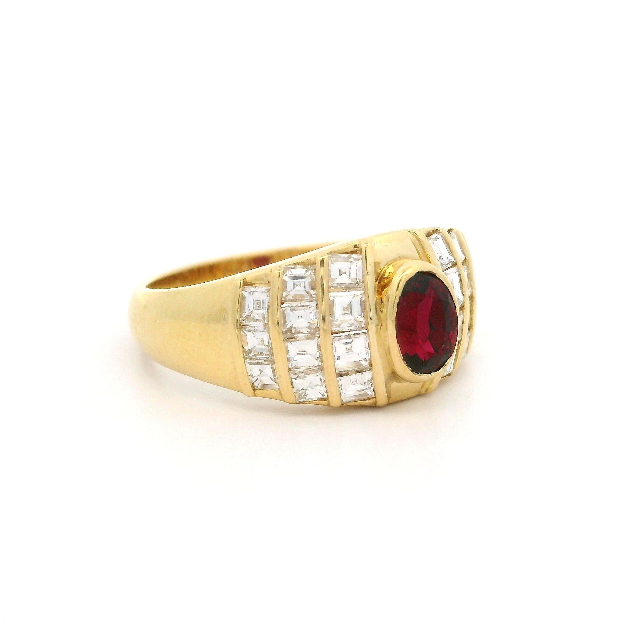 18k Yellow Gold 1.65ctw Oval Ruby & Diamond 9.1mm Wide Cocktail Band Ring For Sale 5