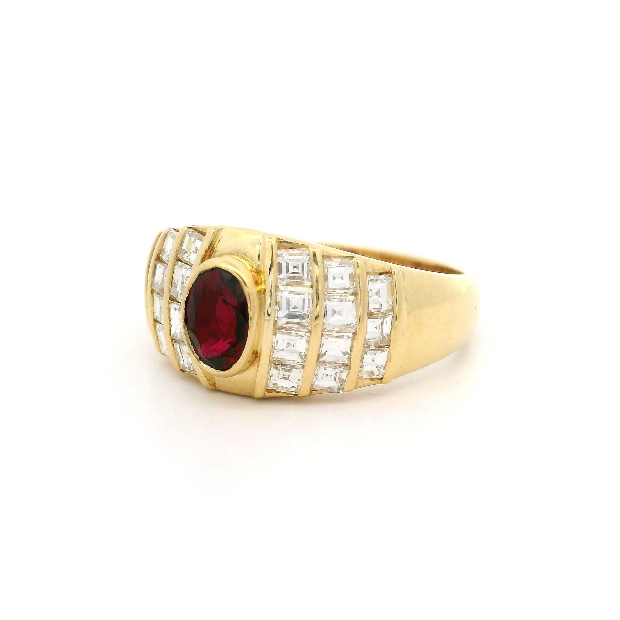 18k Yellow Gold 1.65ctw Oval Ruby & Diamond 9.1mm Wide Cocktail Band Ring For Sale 6