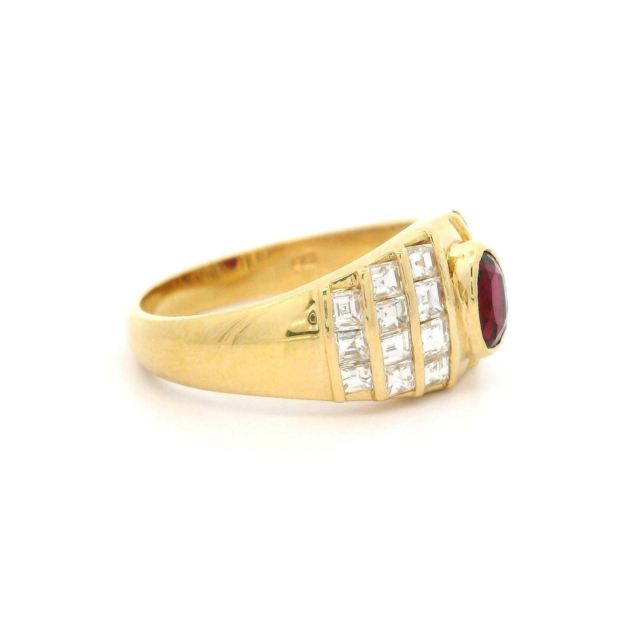 Brilliant Cut 18k Yellow Gold 1.65ctw Oval Ruby & Diamond 9.1mm Wide Cocktail Band Ring For Sale