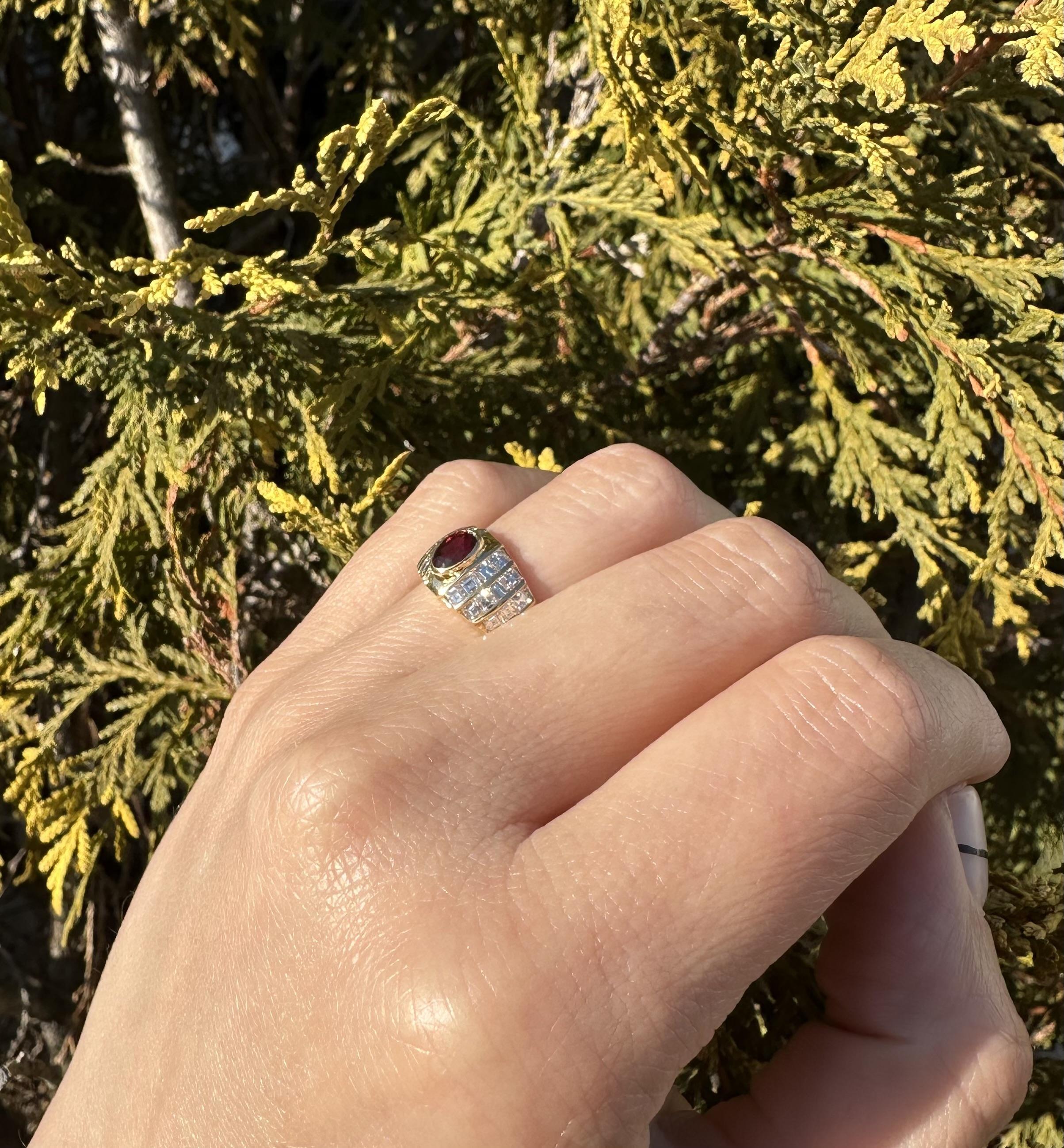 18k Yellow Gold 1.65ctw Oval Ruby & Diamond 9.1mm Wide Cocktail Band Ring For Sale 3