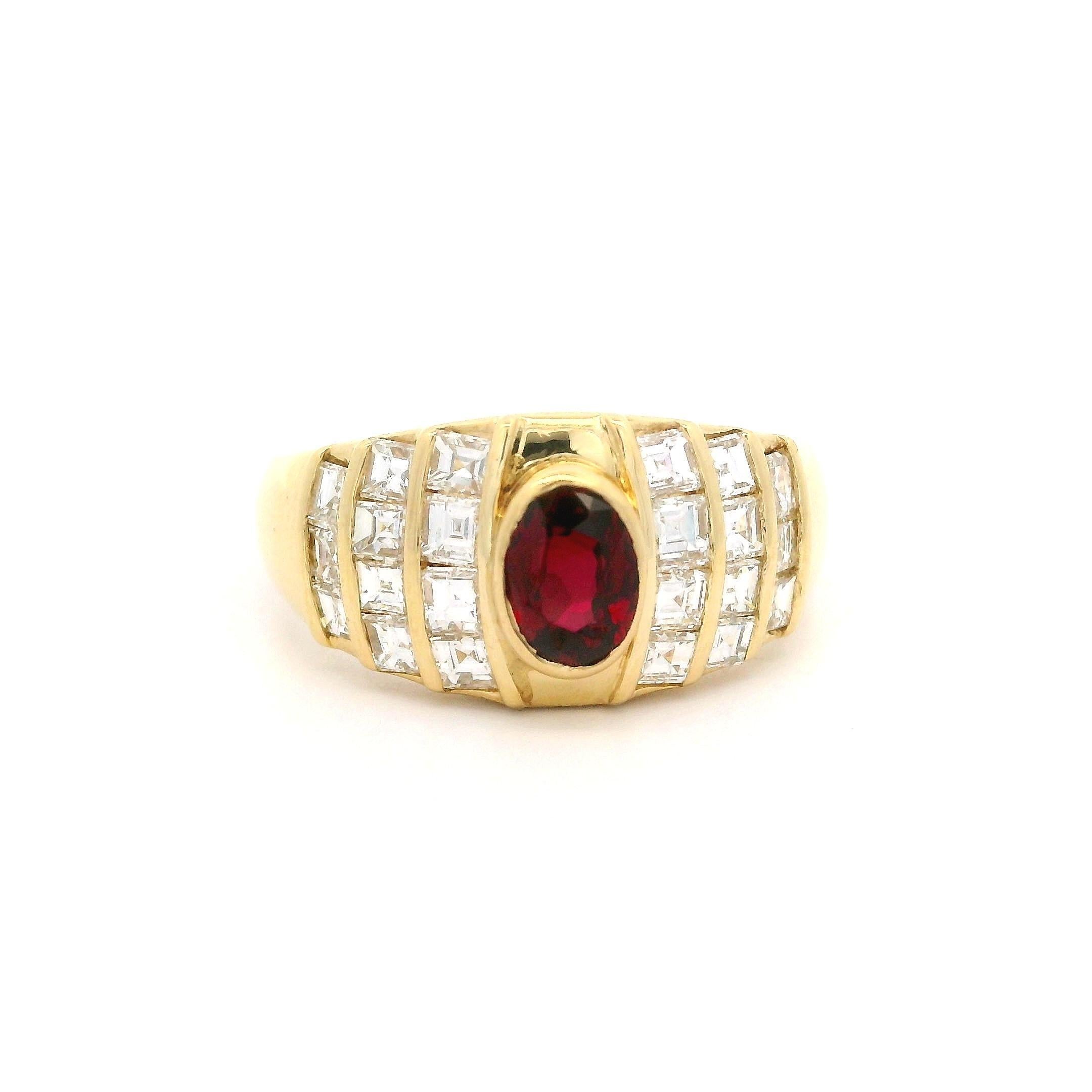 18k Yellow Gold 1.65ctw Oval Ruby & Diamond 9.1mm Wide Cocktail Band Ring For Sale 4