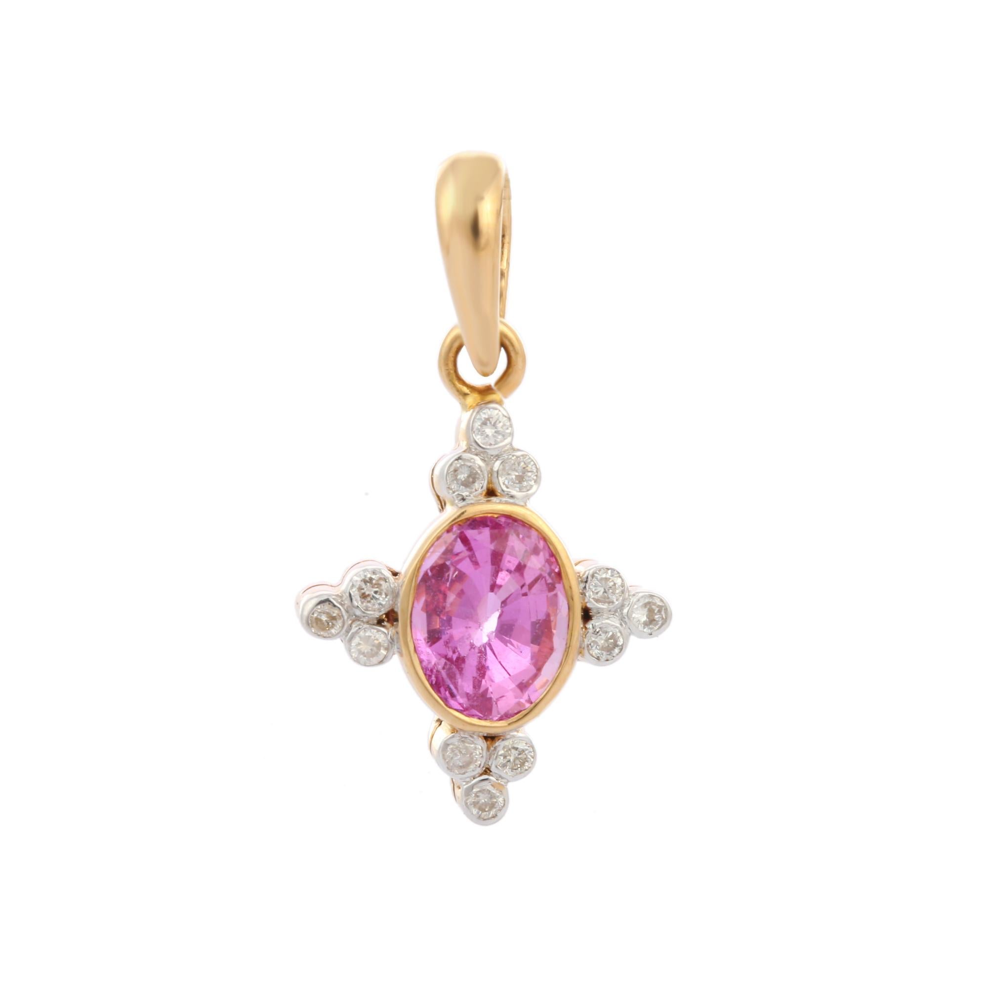 Pink sapphire and diamond cross pendant in 18K Gold. It has a oval cut sapphire studded with diamonds that completes your look with a decent touch. Pendants are used to wear or gifted to represent love and promises. It's an attractive jewelry piece