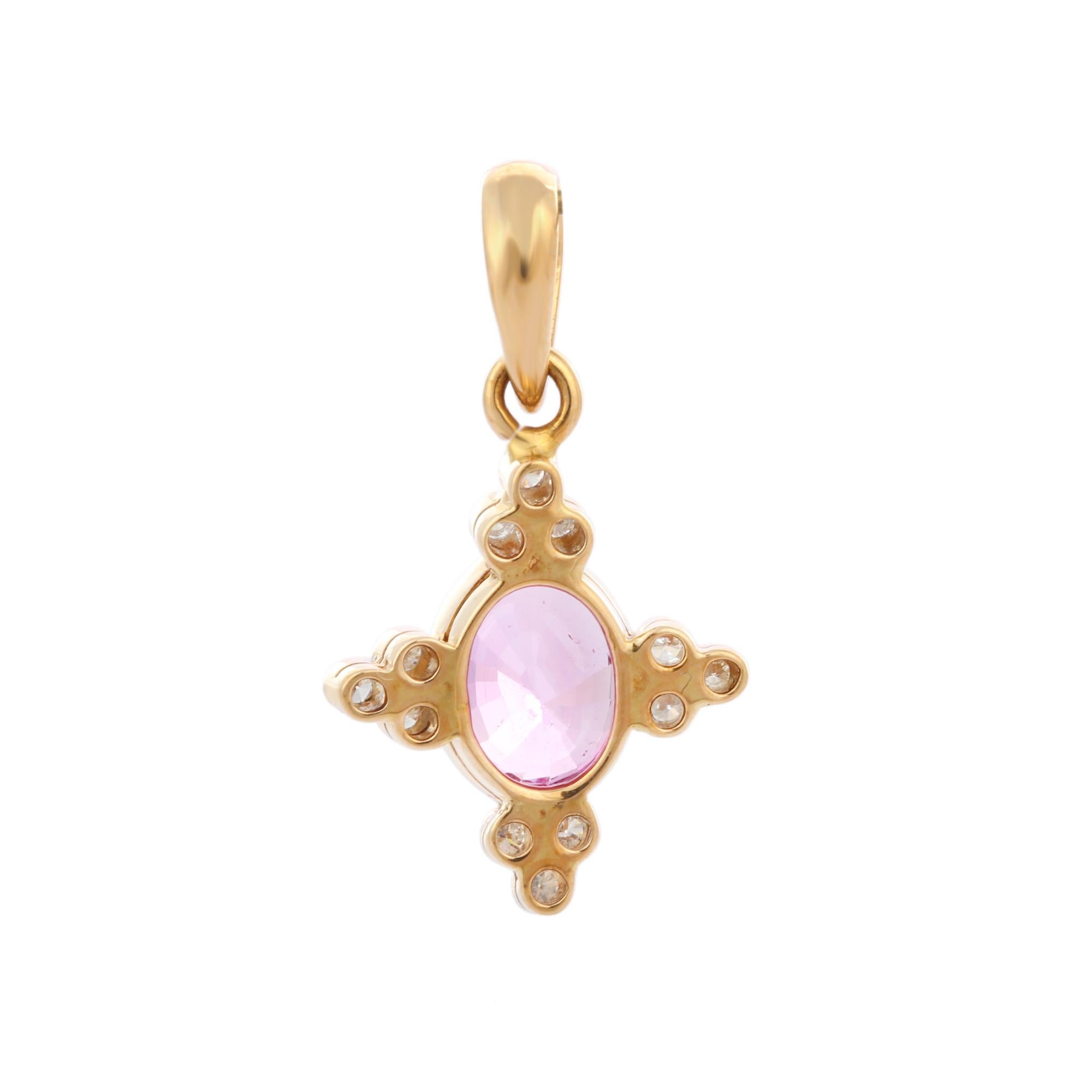 Modern 18K Yellow Gold 1.67 ct Pink Sapphire Everyday Cross Diamond Pendant Necklace For Sale