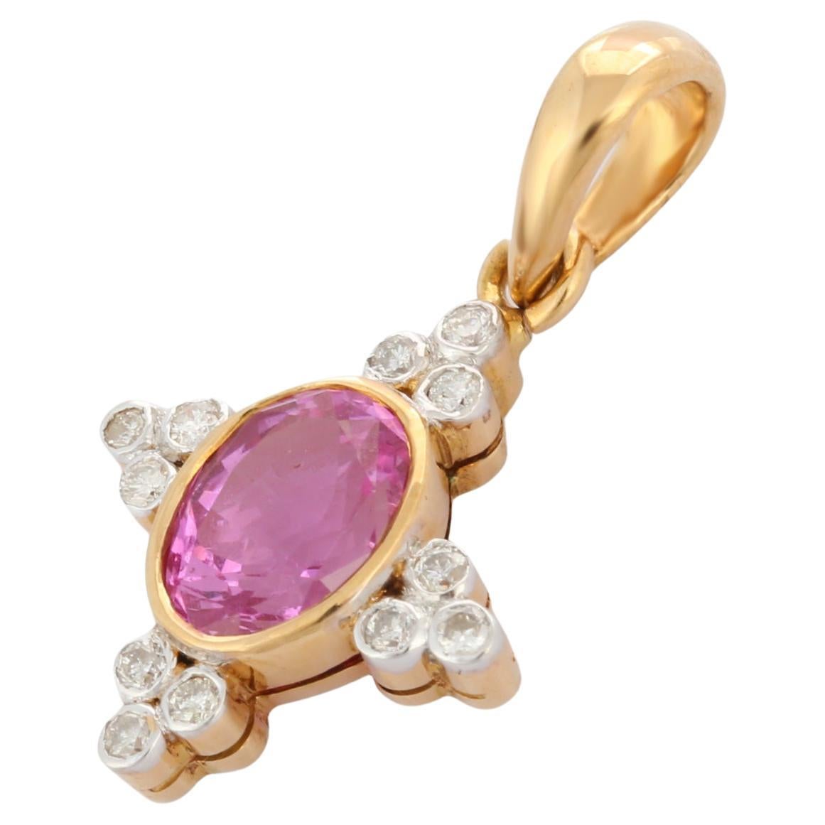 18K Yellow Gold 1.67 ct Pink Sapphire Everyday Cross Diamond Pendant Necklace For Sale