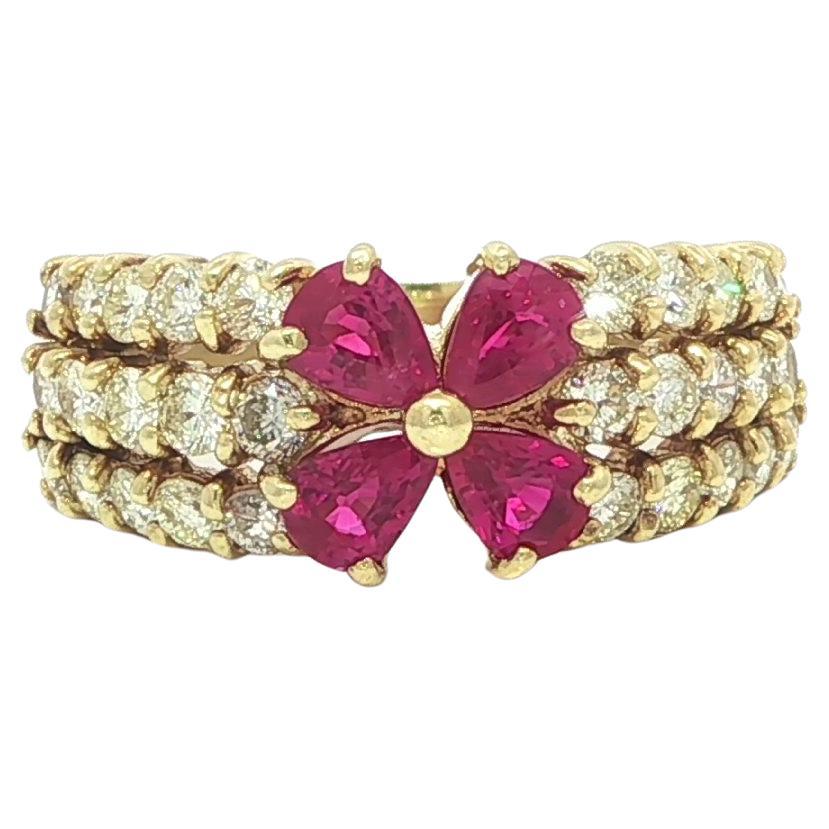 18k Yellow Gold 1.68ctw Pear Cut Ruby Diamond Shoulders Butterfly Look Band Ring For Sale