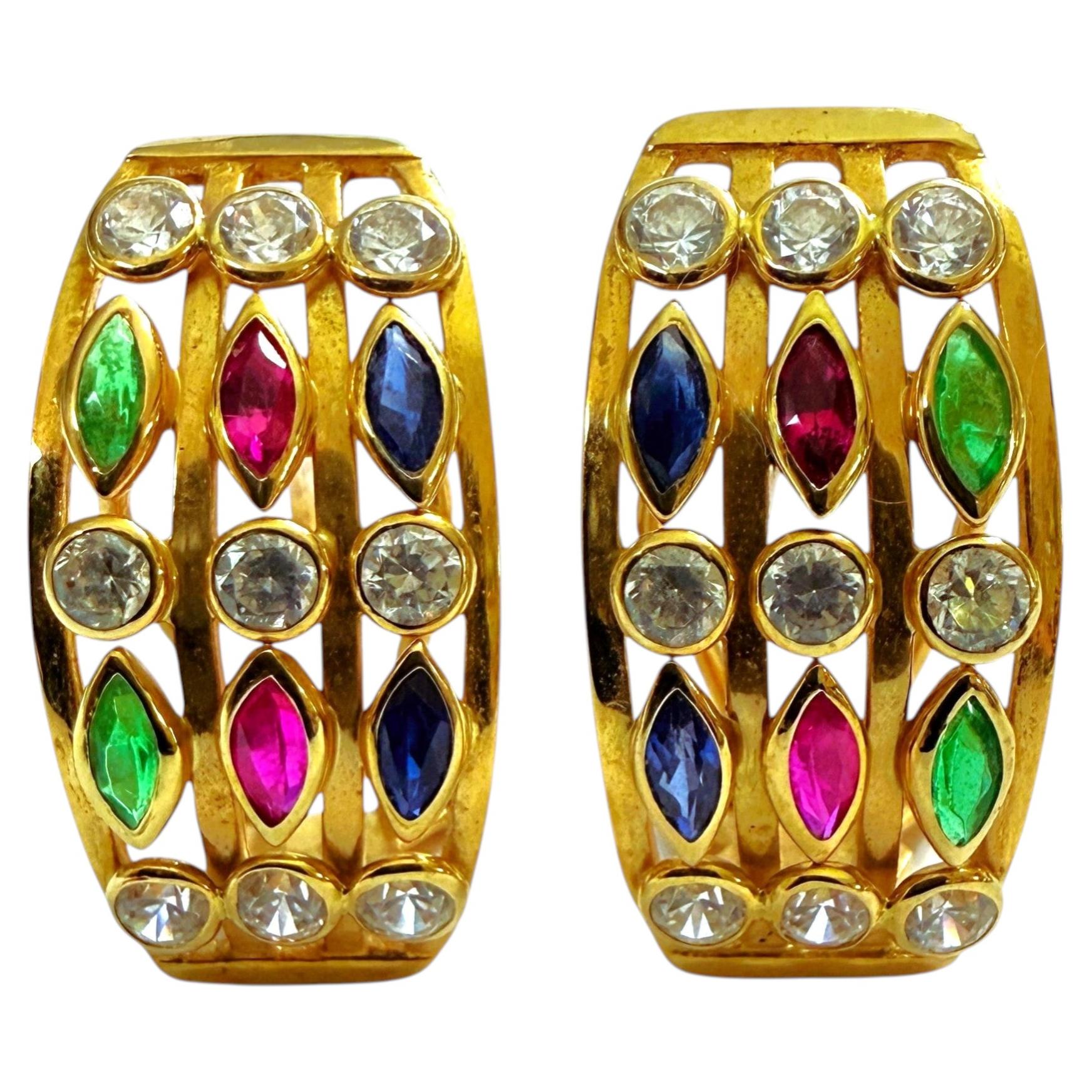 18k Yellow Gold 1.74 Carat Diamond, Emerald, Ruby, & Sapphire Omega Earrings