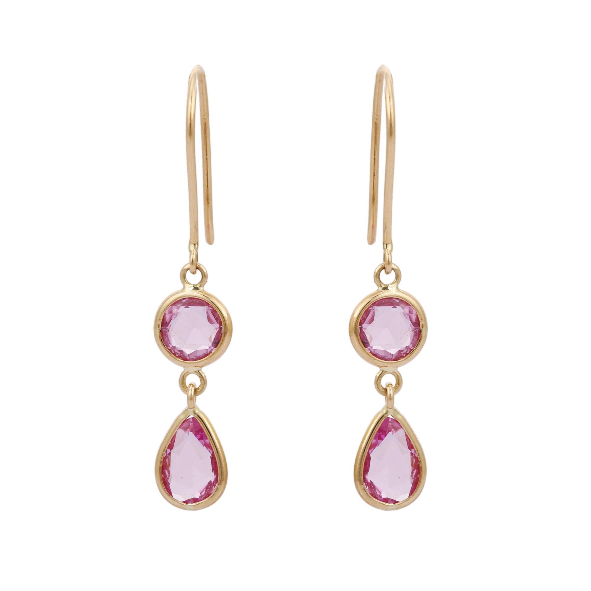 Pear Cut 18K Yellow Gold 1.74 Carat Pear and Round Cut Pink Sapphire Drop Earrings