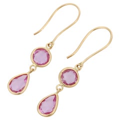 18K Yellow Gold 1.74 Carat Pear and Round Cut Pink Sapphire Drop Earrings