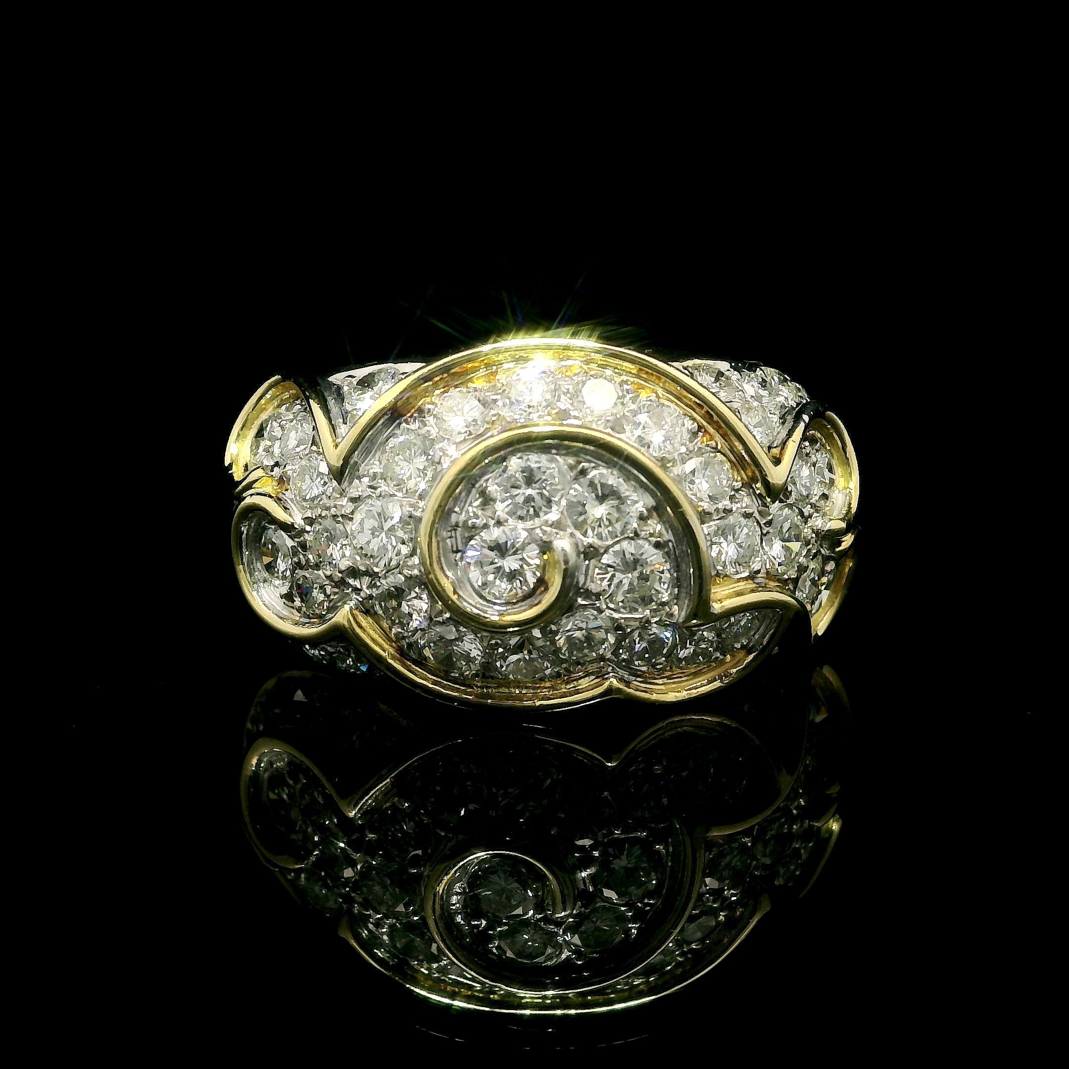 De las mujeres Anillo de oro amarillo de 18 quilates de 1,75 quilates de diamantes brillantes con pavé, con cúpula en forma de nube y remolino ancho en venta