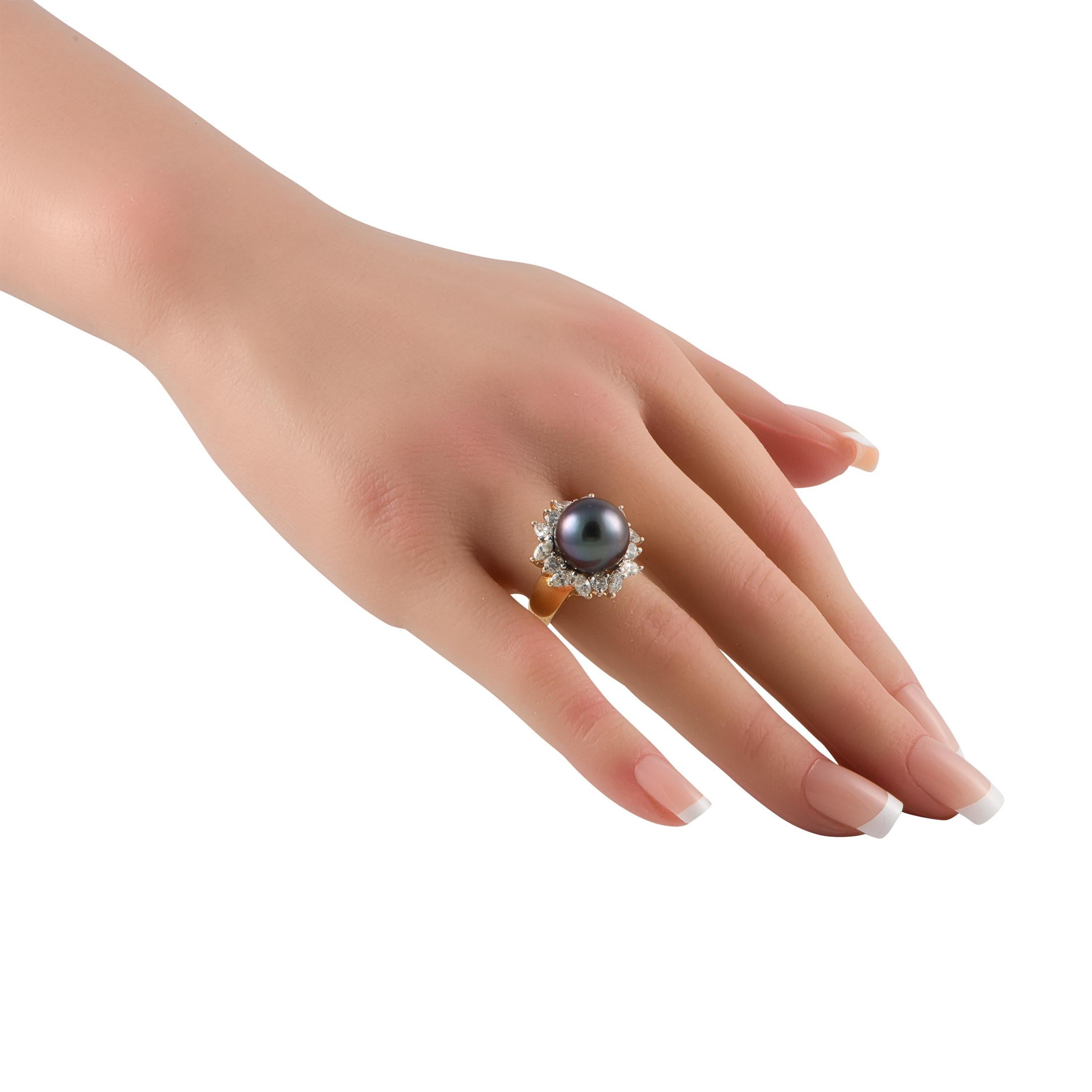 Round Cut 18K Yellow Gold 1.76ct Diamond and Tahitian Pearl Ring