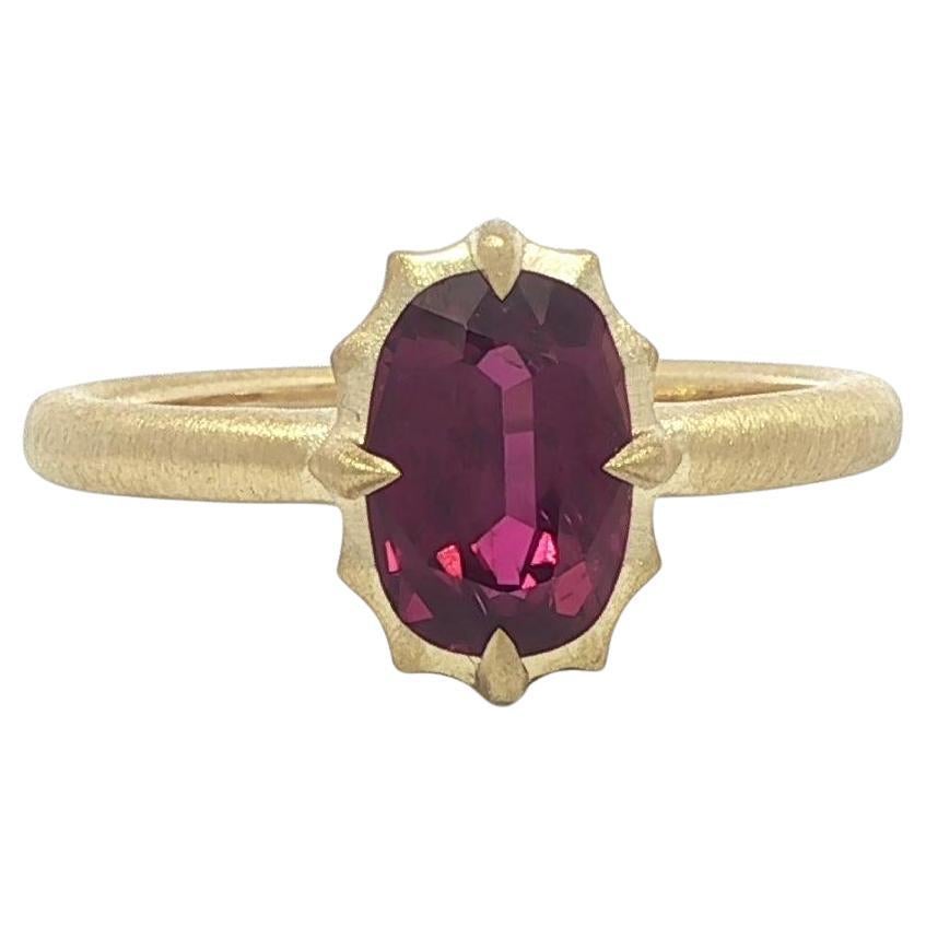 18k Yellow Gold 1.76ct GIA No Heat Cushion Ruby Solitaire Scalloped Matte Ring For Sale