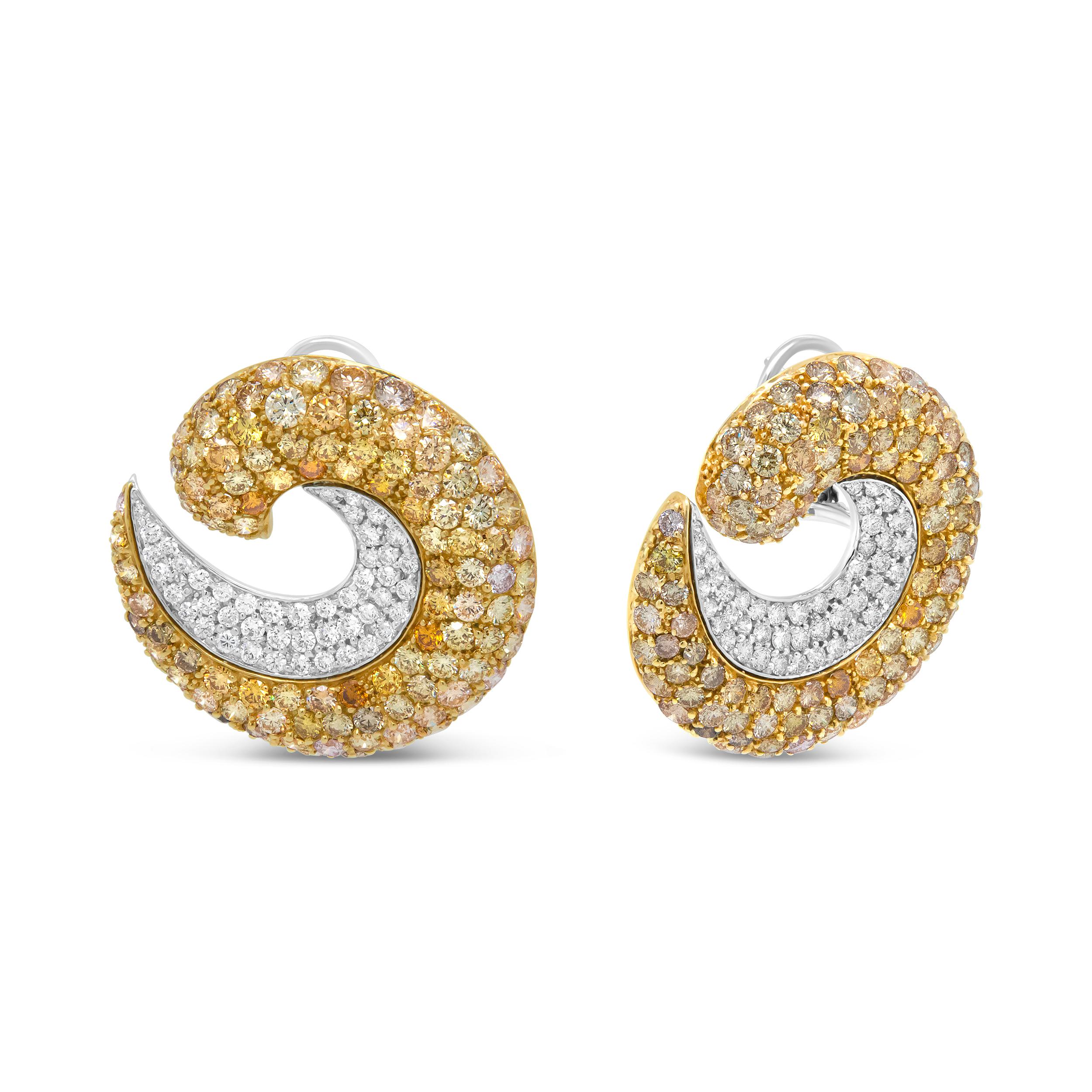 Contemporary 18K Yellow Gold 18.0 Carat Mixed Fancy Color Diamond Double Swirl Hoop Earrings