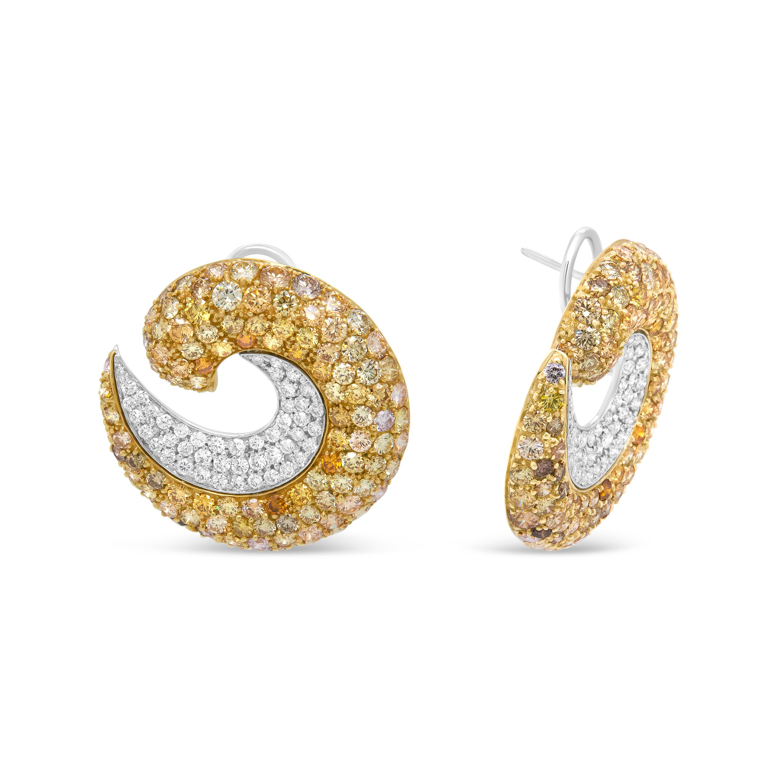 Round Cut 18K Yellow Gold 18.0 Carat Mixed Fancy Color Diamond Double Swirl Hoop Earrings