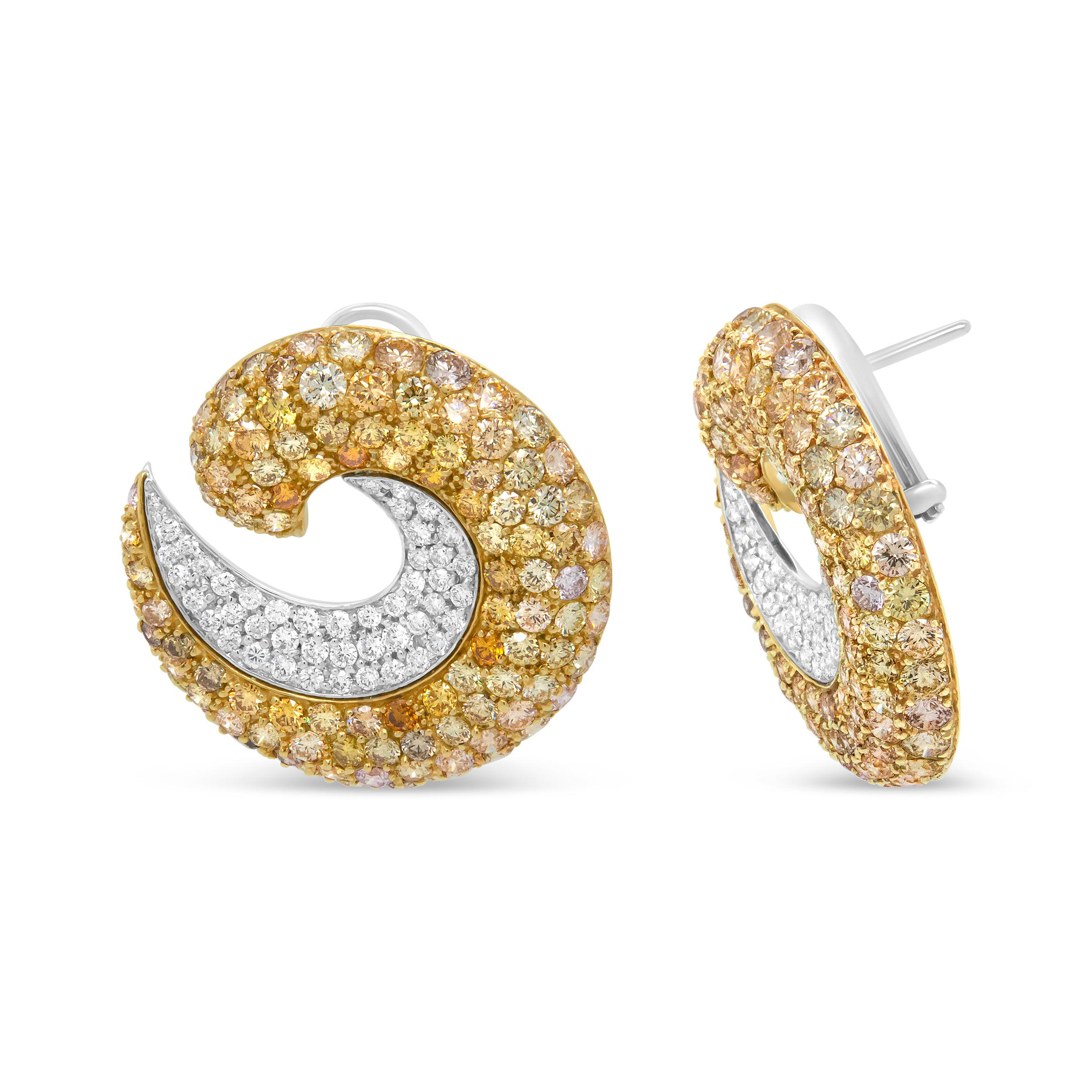 18K Yellow Gold 18.0 Carat Mixed Fancy Color Diamond Double Swirl Hoop Earrings In New Condition In New York, NY