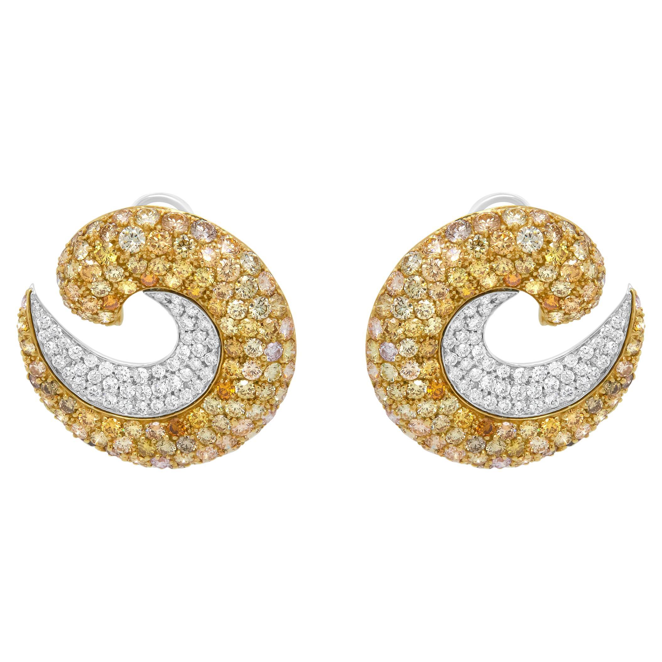 18K Yellow Gold 18.0 Carat Mixed Fancy Color Diamond Double Swirl Hoop Earrings