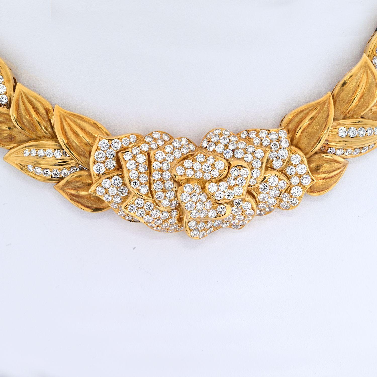 Vintage 18K Yellow Gold 18.00cts Blooming Flower Diamond Collar Necklace circa 1980's.
This is a nice and heavy necklace that fits like a collar. 
You will love the way the gold feels on your neck and shimmer of diamonds is simply divine. 
Collar
