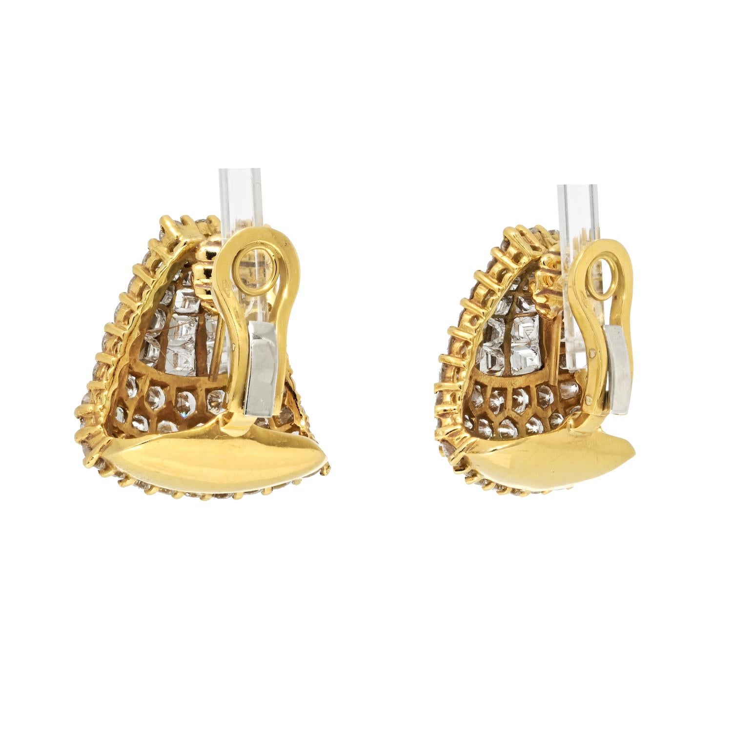 Retro 18K Yellow Gold 18.00cttw Round And Asscher Cut Diamond Earrings For Sale