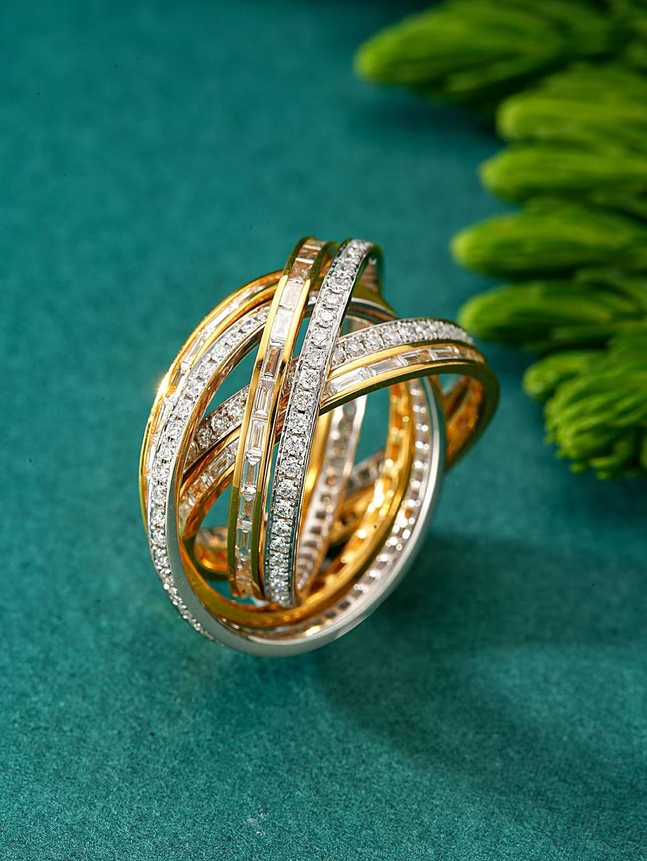 18K Yellow and White Gold Multi Diamond Band Rings 3.058 Carat 

Baguette Cut Diamonds- 1.813 carat 
Round Brilliant Cut Diamonds - 1.245 carat
Total Weight - 9.85 grams

This ring is a stunning piece of jewelry that combines elegance and