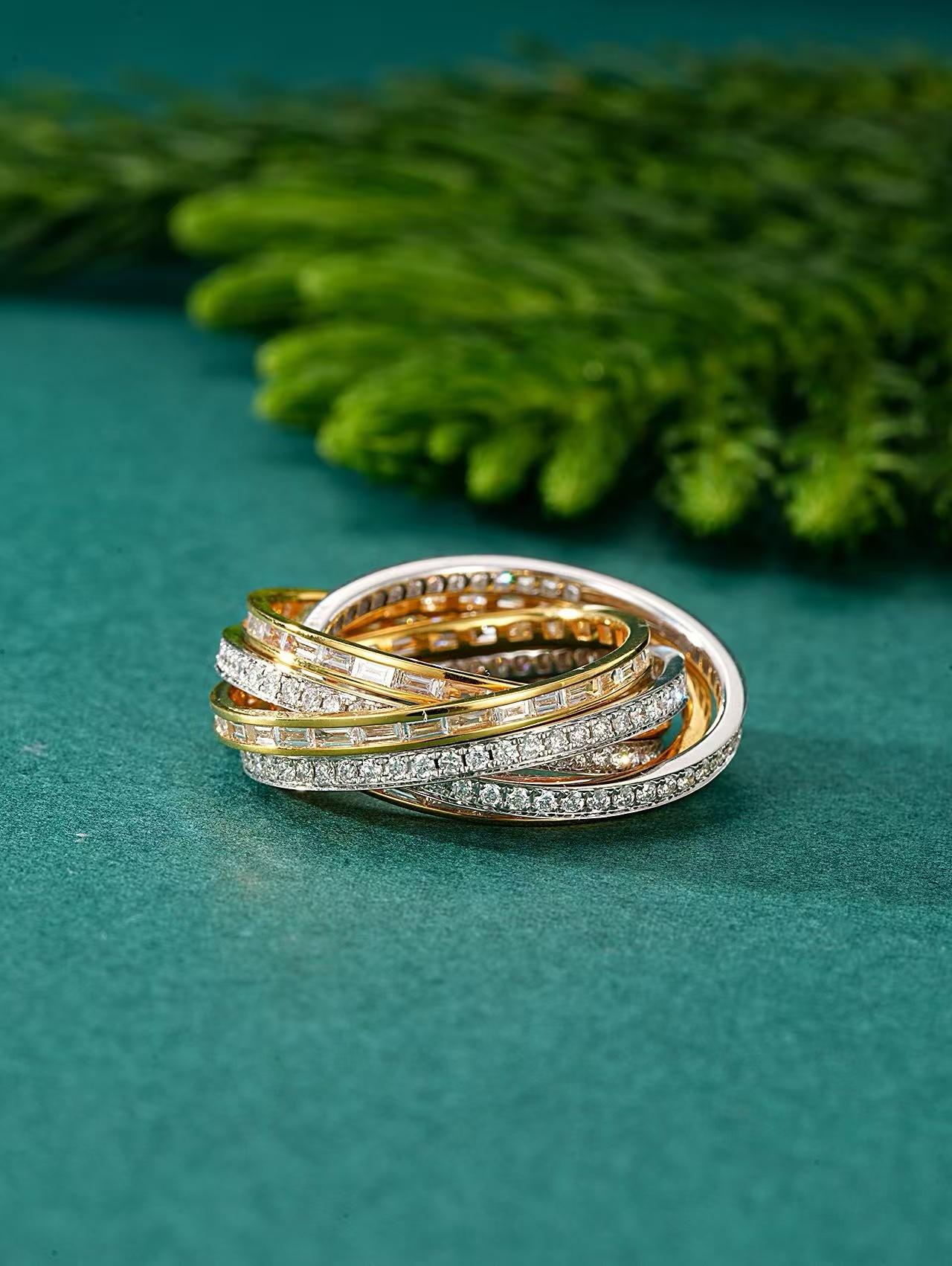 Baguette Cut 18K Yellow and White Gold Multi Diamond Band Rings 3.058 Carat For Sale
