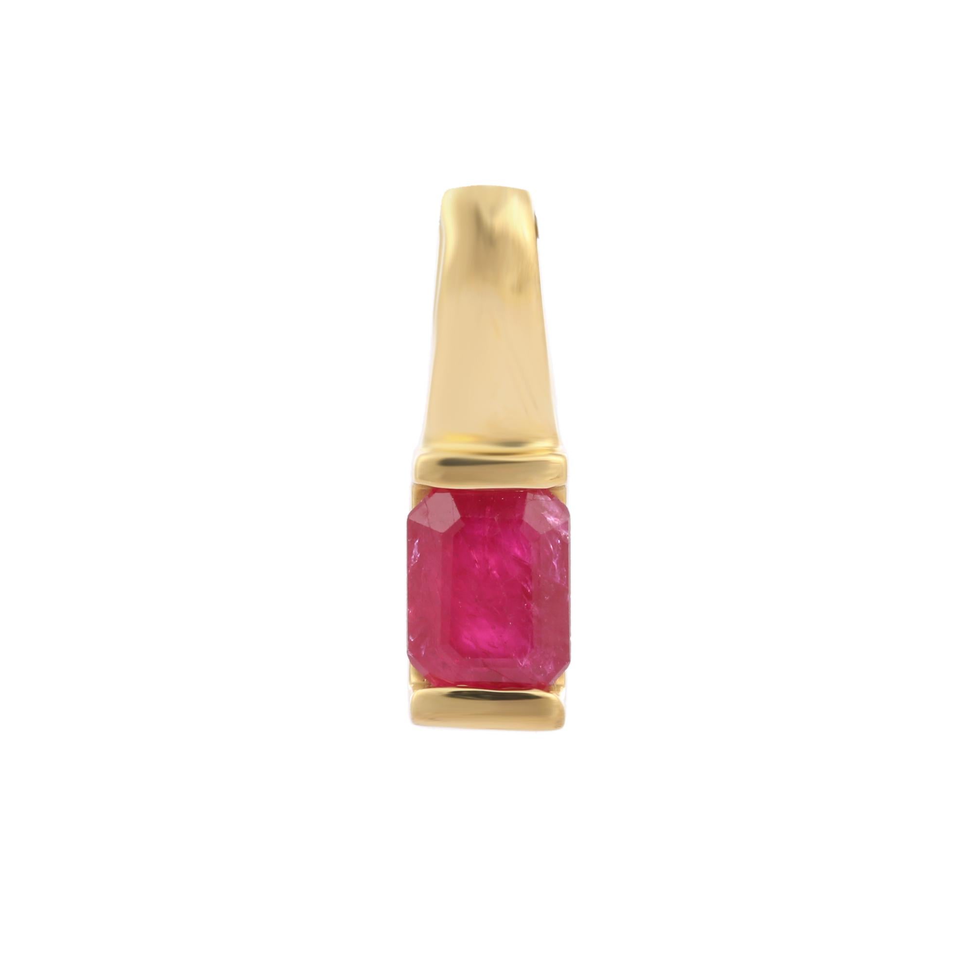 Modern everyday ruby pendant in 18K Gold. It has a cushion cut ruby that completes your look with a decent touch. Pendants are used to wear or gifted to represent love and promises. It's an attractive jewelry piece that goes with every basic outfit