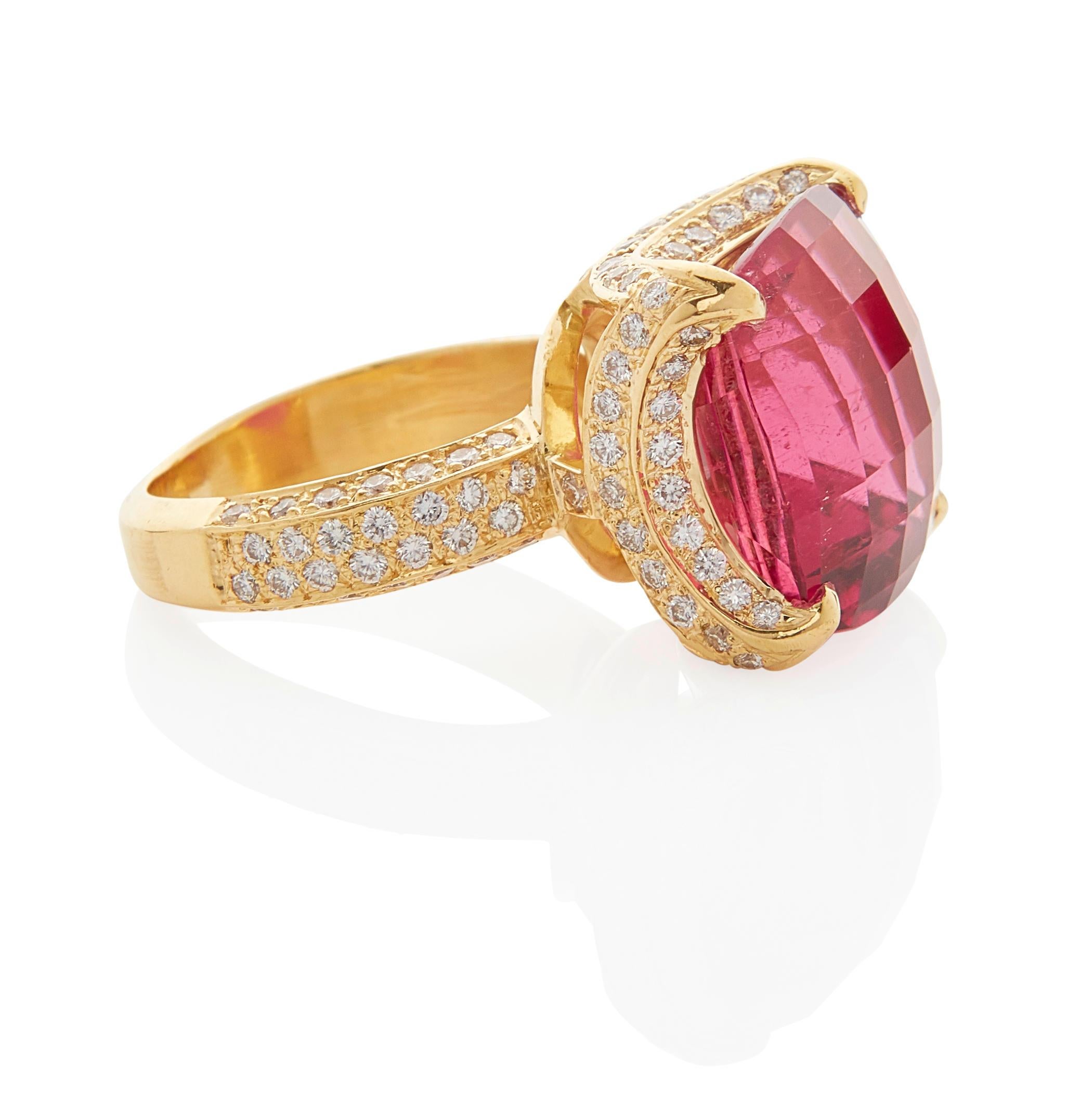 Centering a square-shaped fancy cushion-cut rubellite with an estimated weight of 18.35 carats
Accented by round diamonds with an estimated weight of 1.35 carats
Size: 6 1/2
Gross Weight: 15.3 grams
Featured in Bonhams Auction California Jewels May