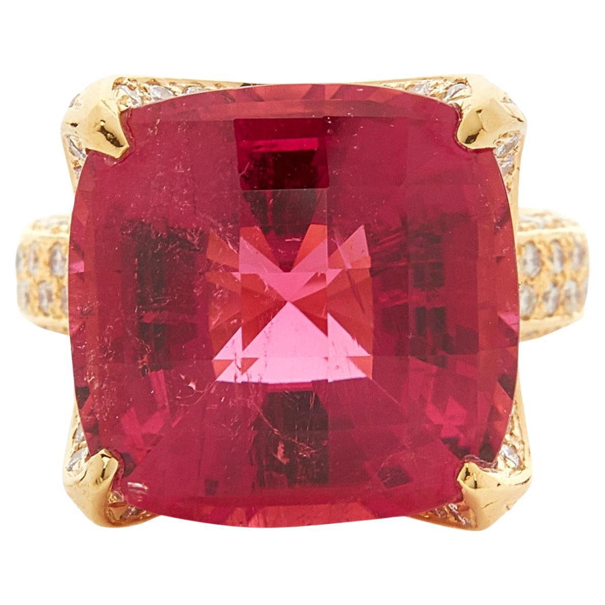 18k Yellow Gold 18.35 Carat Tourmaline & 1.35 Carat Diamond Ring, Size 6.5