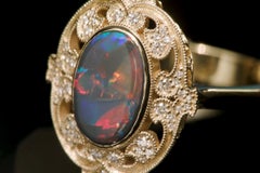 18k Yellow Gold 1.83 Carat Black Opal Victorian Cocktail Ring Diamond Filigree