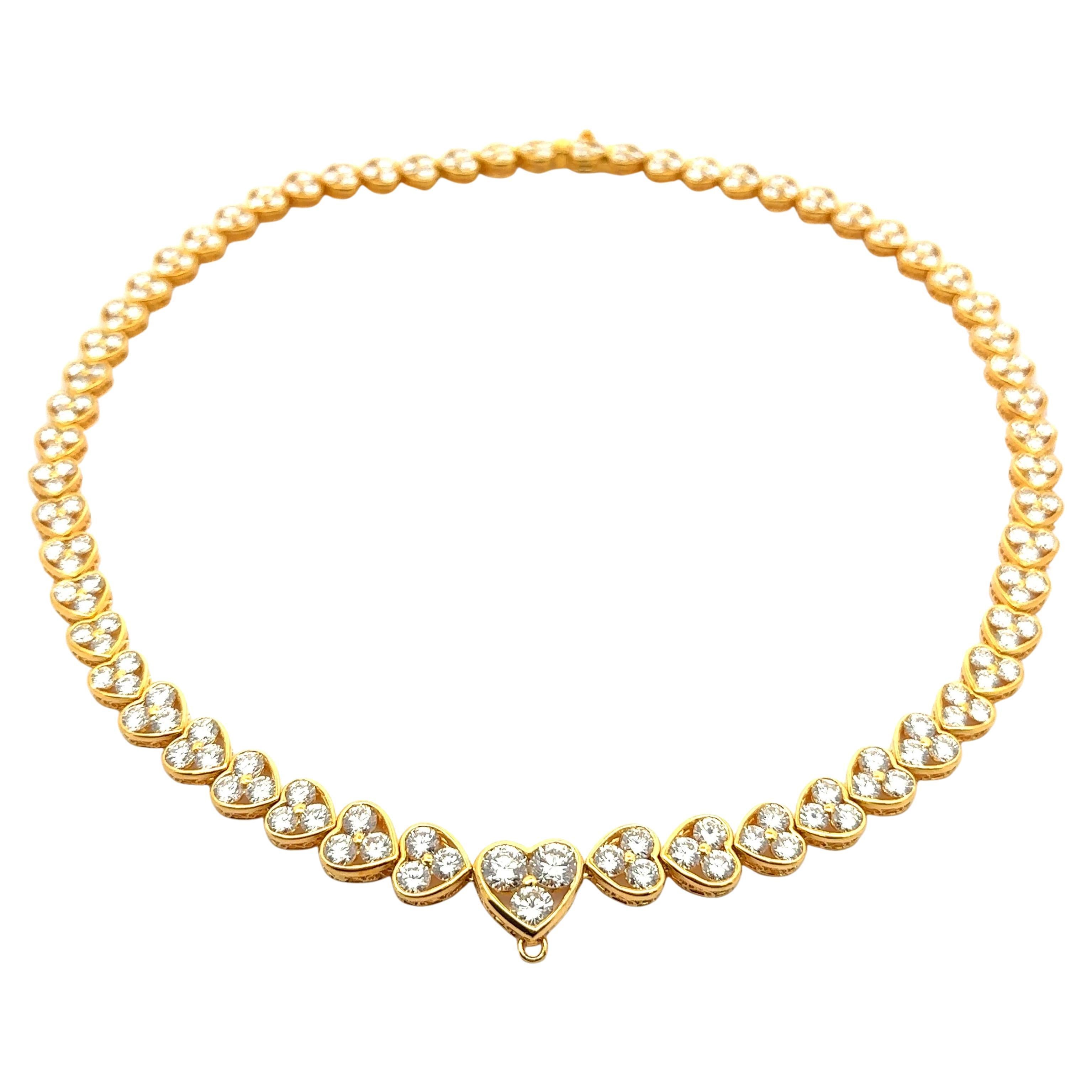 18k Yellow Gold 18.41ctw Fiery Diamond Graduated Heart Line Tennis Necklace