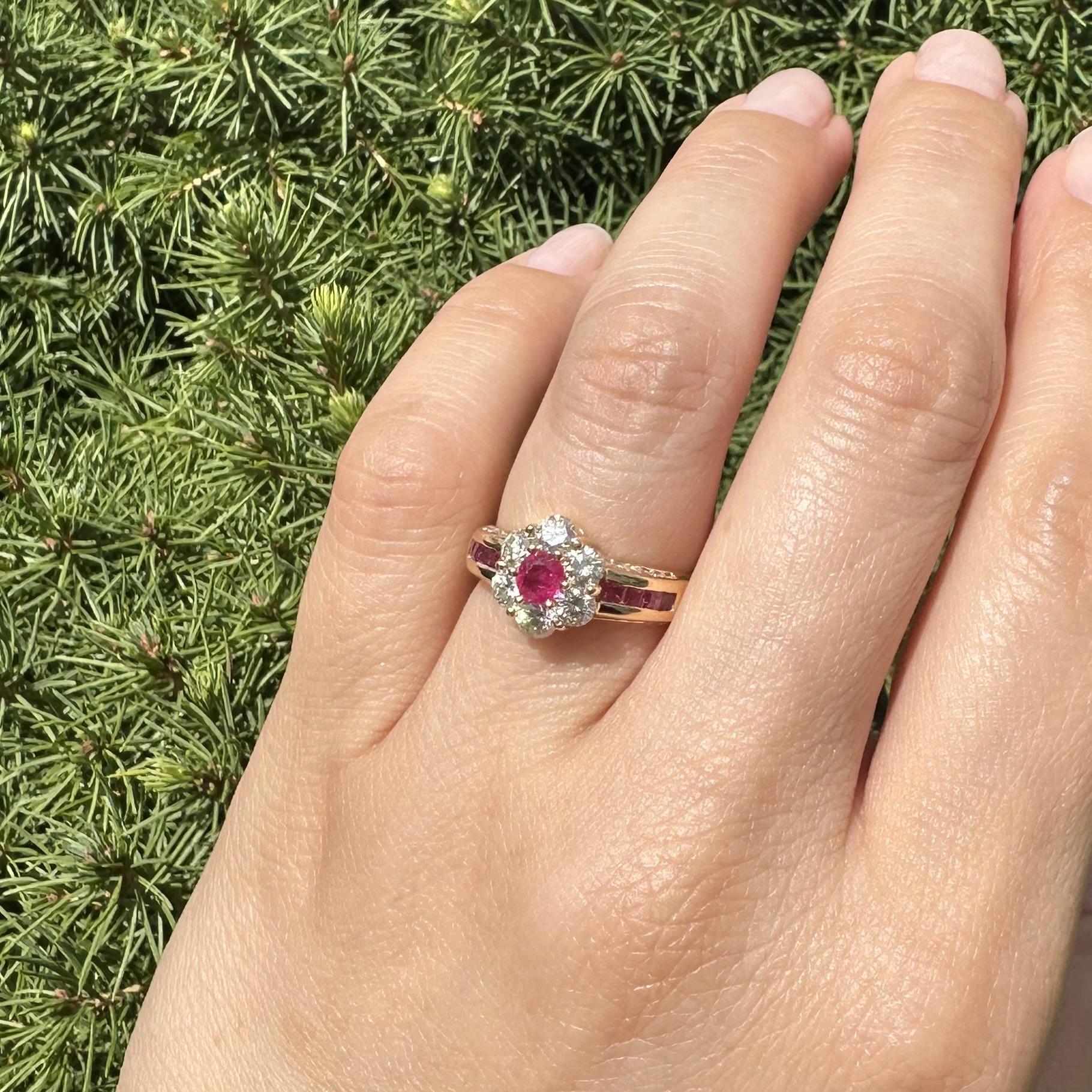 18k Yellow Gold 1.84ctw Quality Oval Ruby & Diamond Flower Cluster Ring For Sale 5