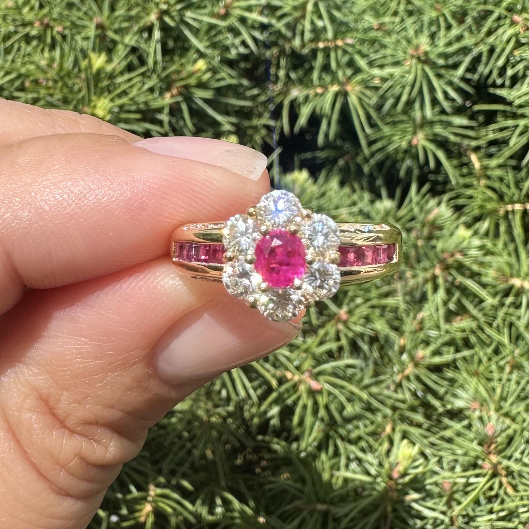18k Yellow Gold 1.84ctw Quality Oval Ruby & Diamond Flower Cluster Ring For Sale 7