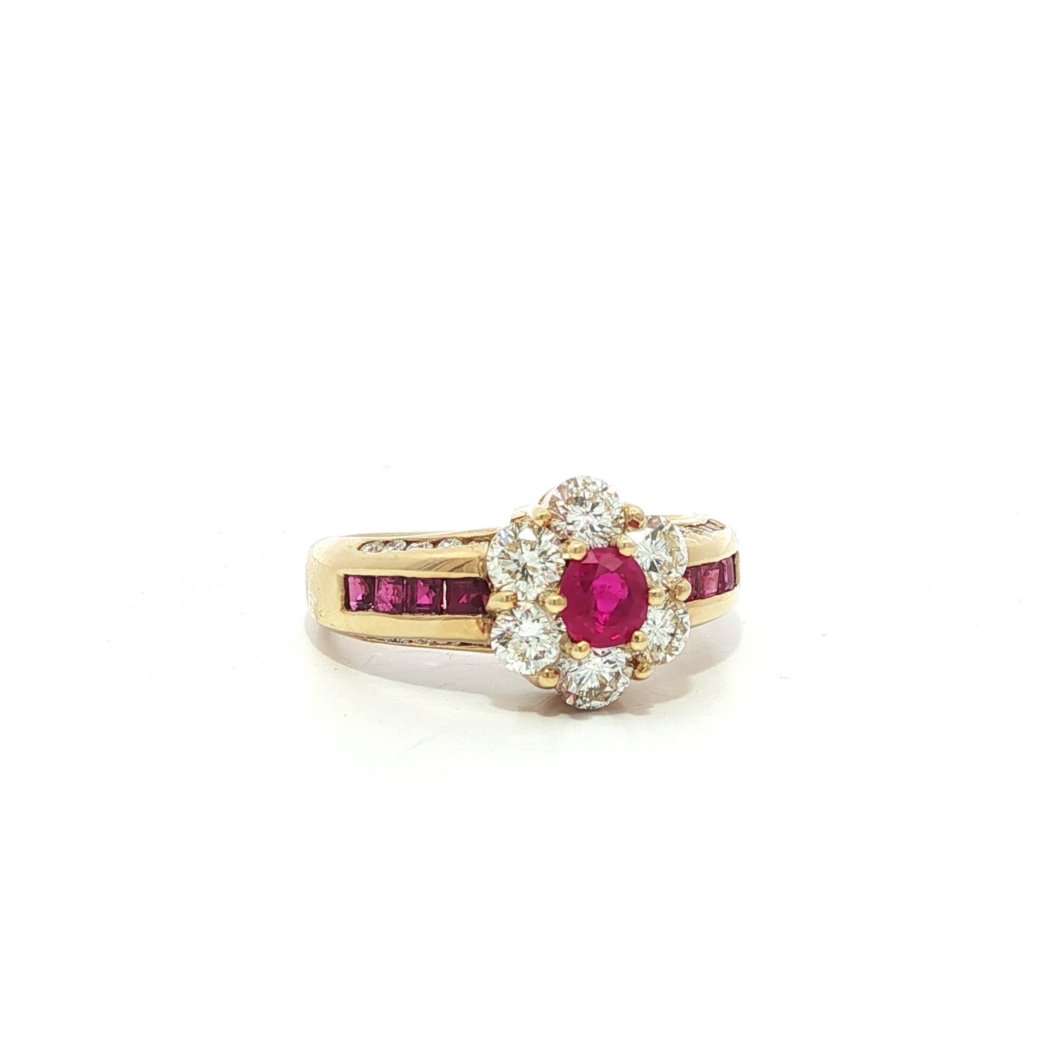 Brilliant Cut 18k Yellow Gold 1.84ctw Quality Oval Ruby & Diamond Flower Cluster Ring For Sale