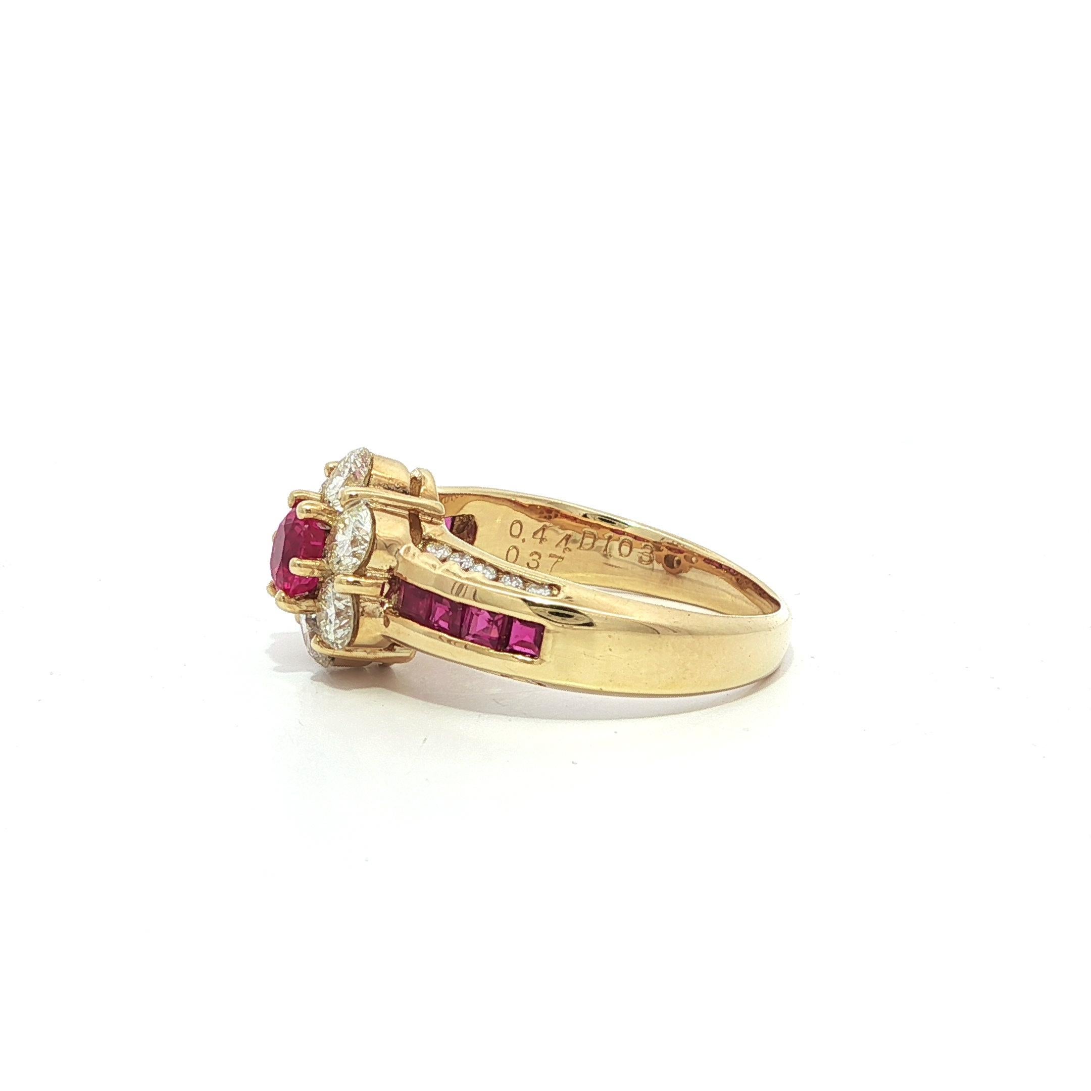 Women's 18k Yellow Gold 1.84ctw Quality Oval Ruby & Diamond Flower Cluster Ring For Sale